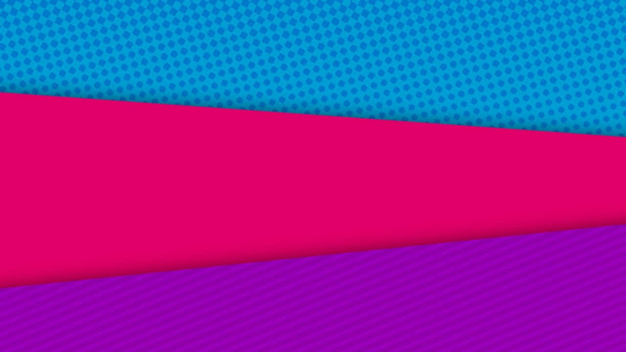 Material Design 桌布 壁紙 — 充滿活力的幾何圖案壁紙，採用大膽的粉紅、紫色和藍色條紋，帶有半色調點紋理和對角線。