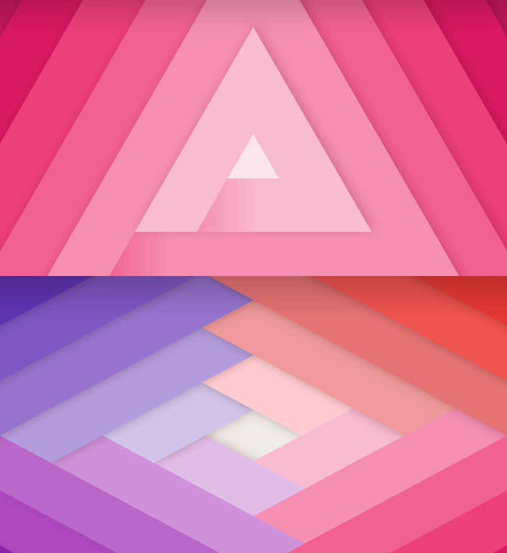 Material Design 桌布 壁紙 — 充滿活力的幾何圖案壁紙，採用粉紅、紫色和紅色的漸變色調，呈現層疊的三角形和角形形狀。