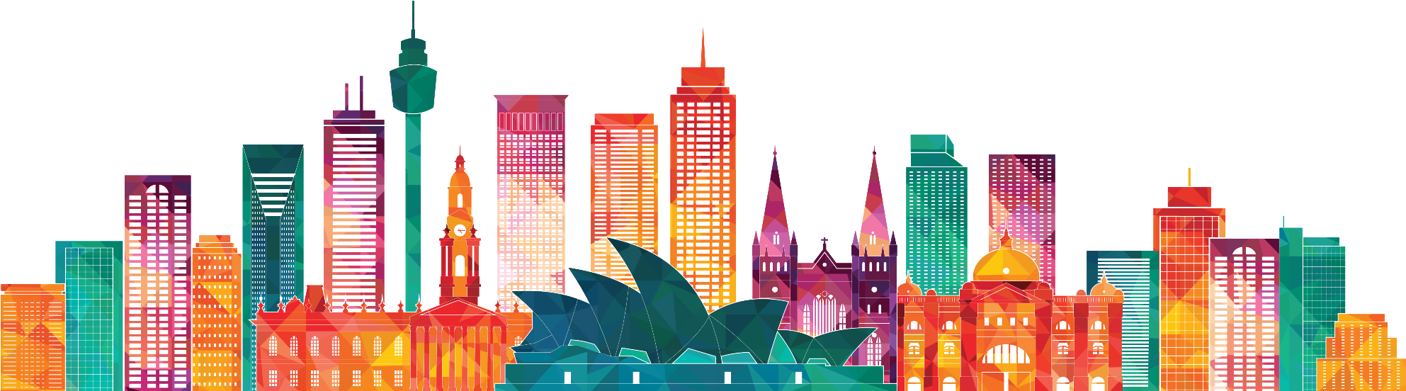 墨爾本 桌布 壁紙 — 充滿活力的幾何城市天際線，標誌性建築在黑色背景上閃爍著彩虹色調。