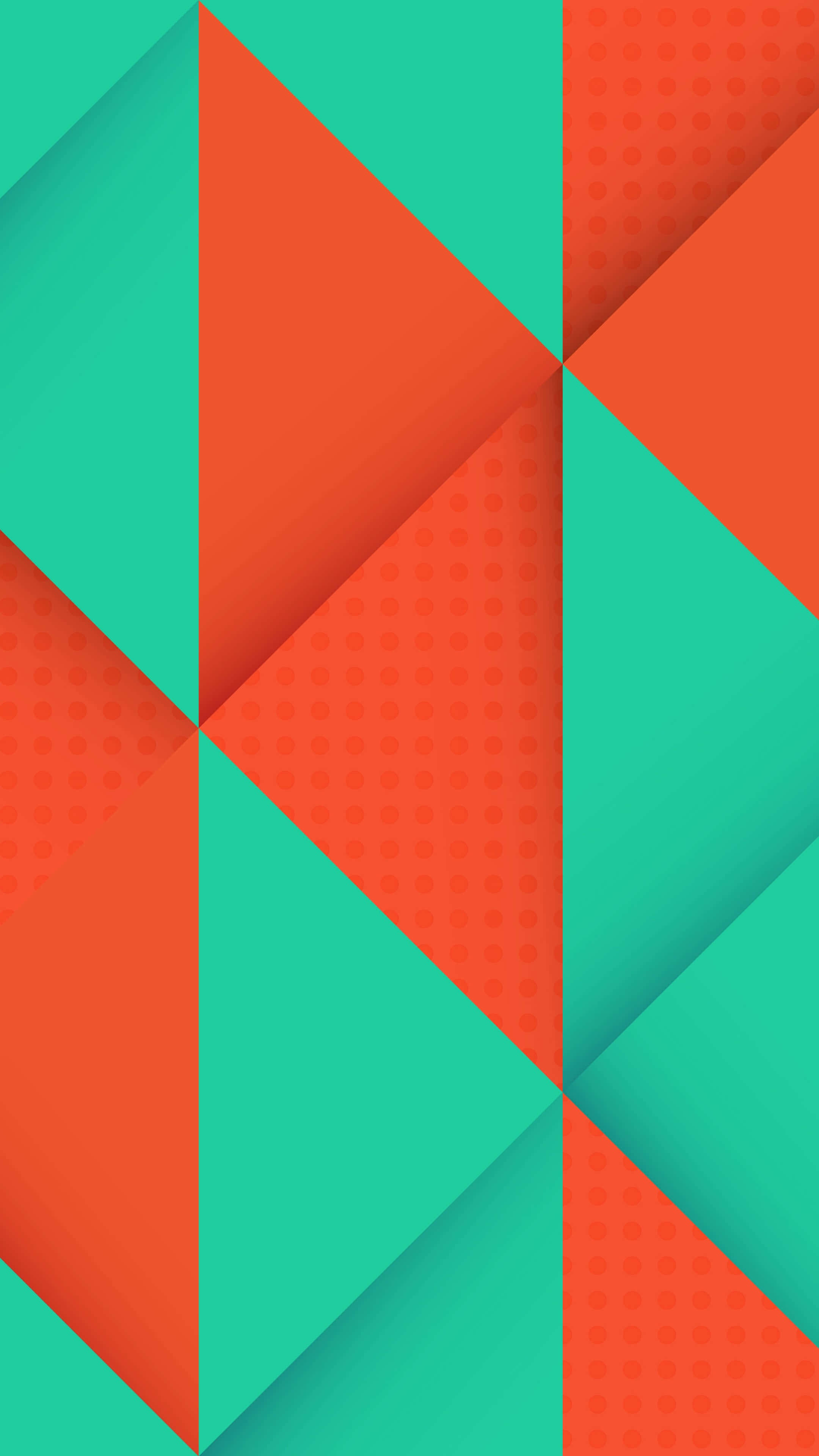 Android Material 桌布 壁紙 — 充滿活力的幾何壁紙，大膽的橙色和藍綠色三角形以動態的對角線圖案排列。