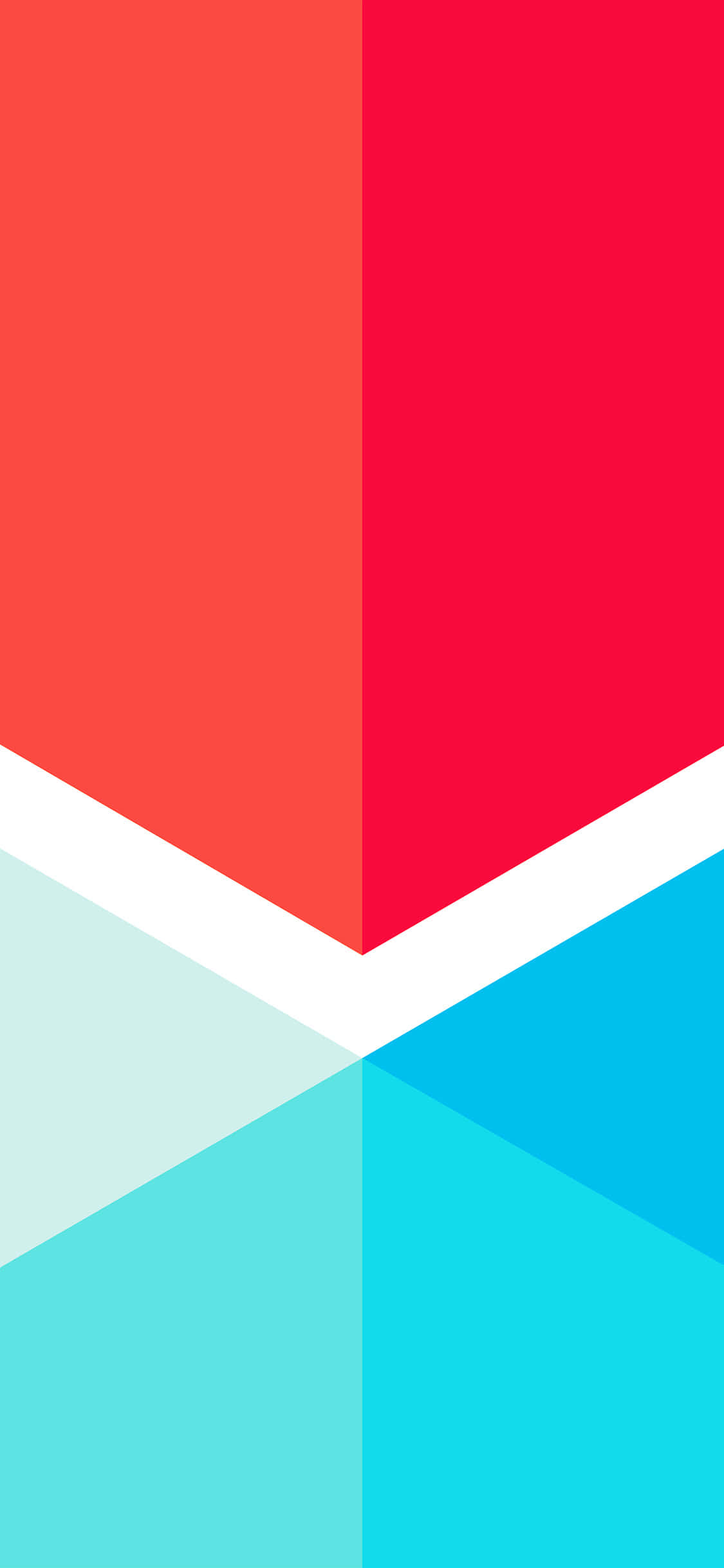 Red And Blue iPhone 桌布 壁紙 — 充滿活力的幾何壁紙，大膽的紅珊瑚色和青藍色三角形在清晰的白色V形中心交會。