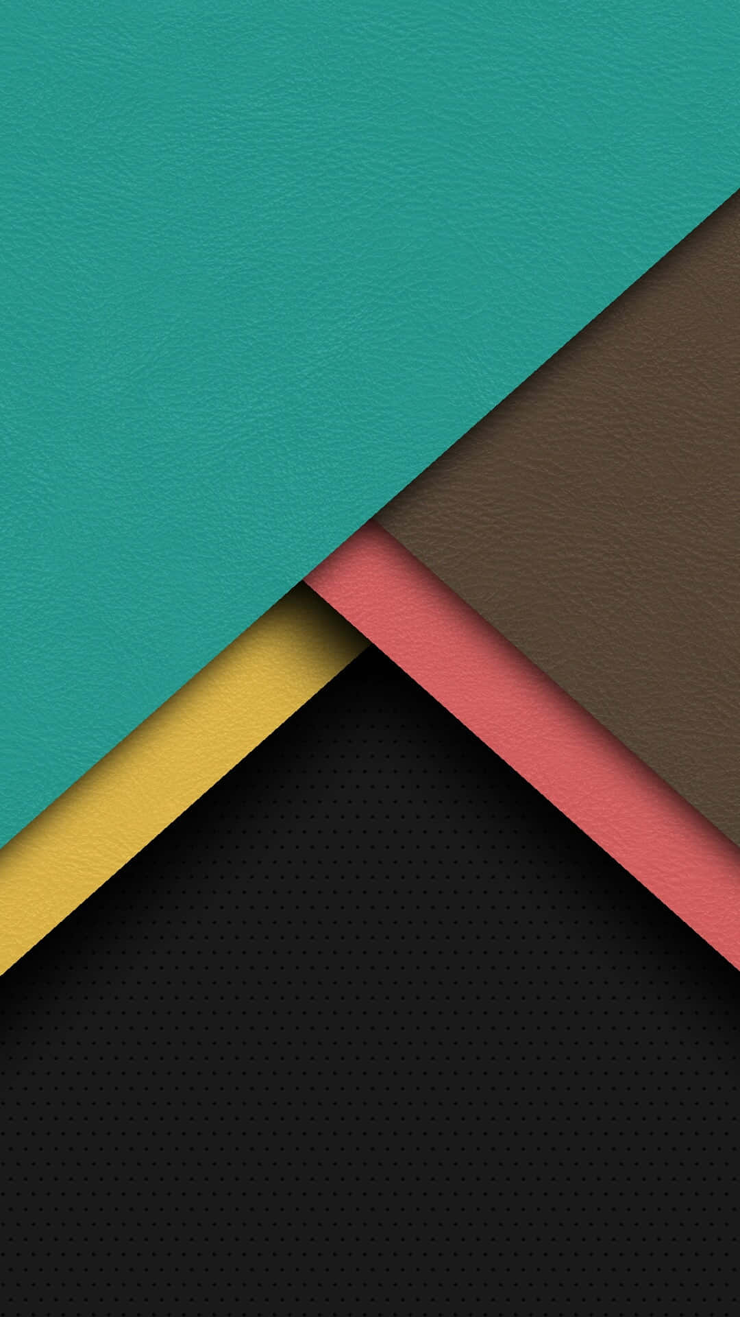 Android Material 桌布 壁紙 — 充滿活力的幾何壁紙，帶有紋理的青綠色、棕色、粉紅色、黃色和黑色皮革狀面板，呈尖銳的對角線角度。