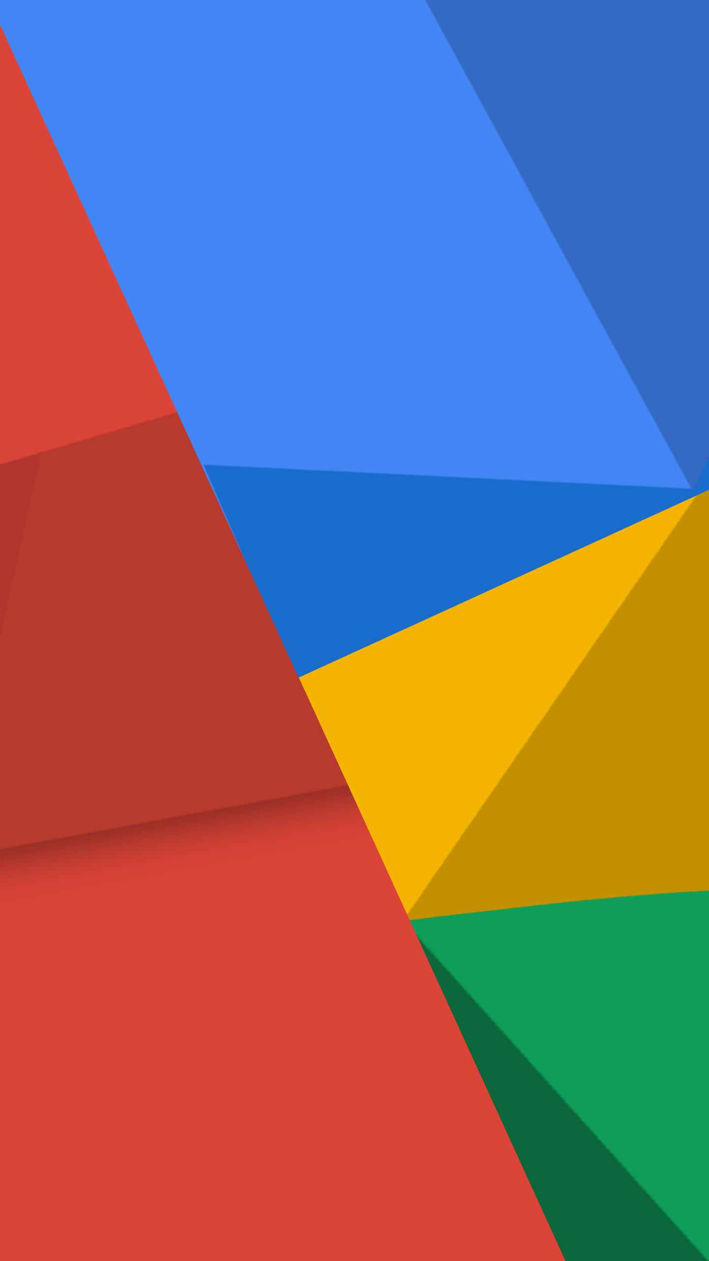 Google Logo 桌布 壁紙 — 充滿活力的幾何壁紙，帶有鮮明的紅色、藍色、黃色和綠色三角形形狀，投射出柔和陰影。