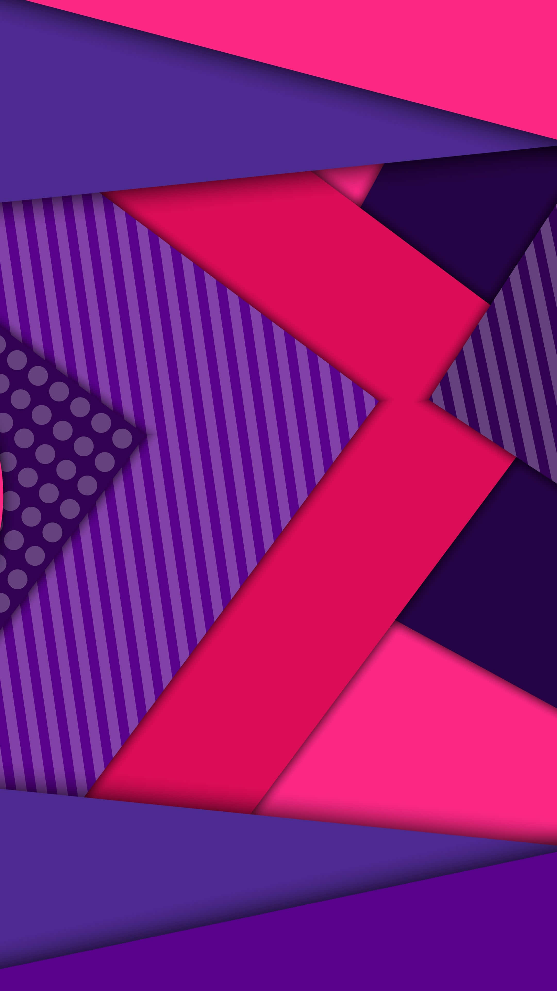 Android Material 桌布 壁紙 — 充滿活力的幾何壁紙，採用大膽的粉紅色和紫色形狀，帶有條紋和圓點，形成分層的抽象構圖。