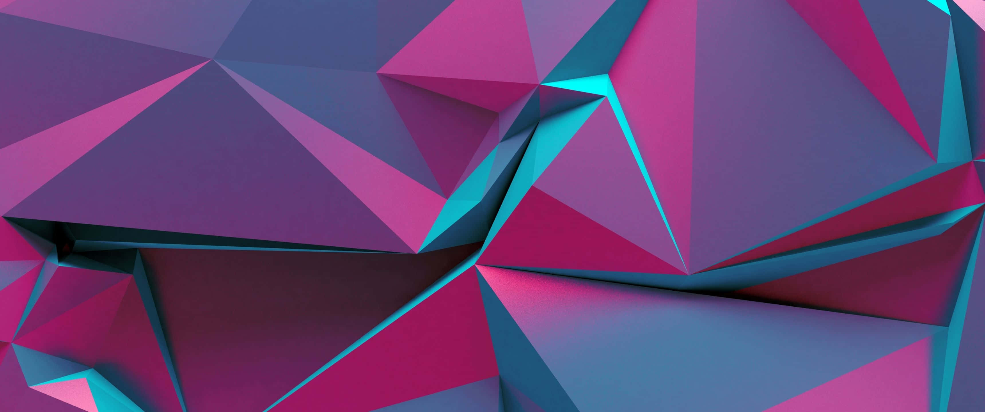3440x1440 桌布 壁紙 — 充滿活力的幾何多邊形形狀，以洋紅色和藍綠色呈現，創造出動態的抽象數位構圖。