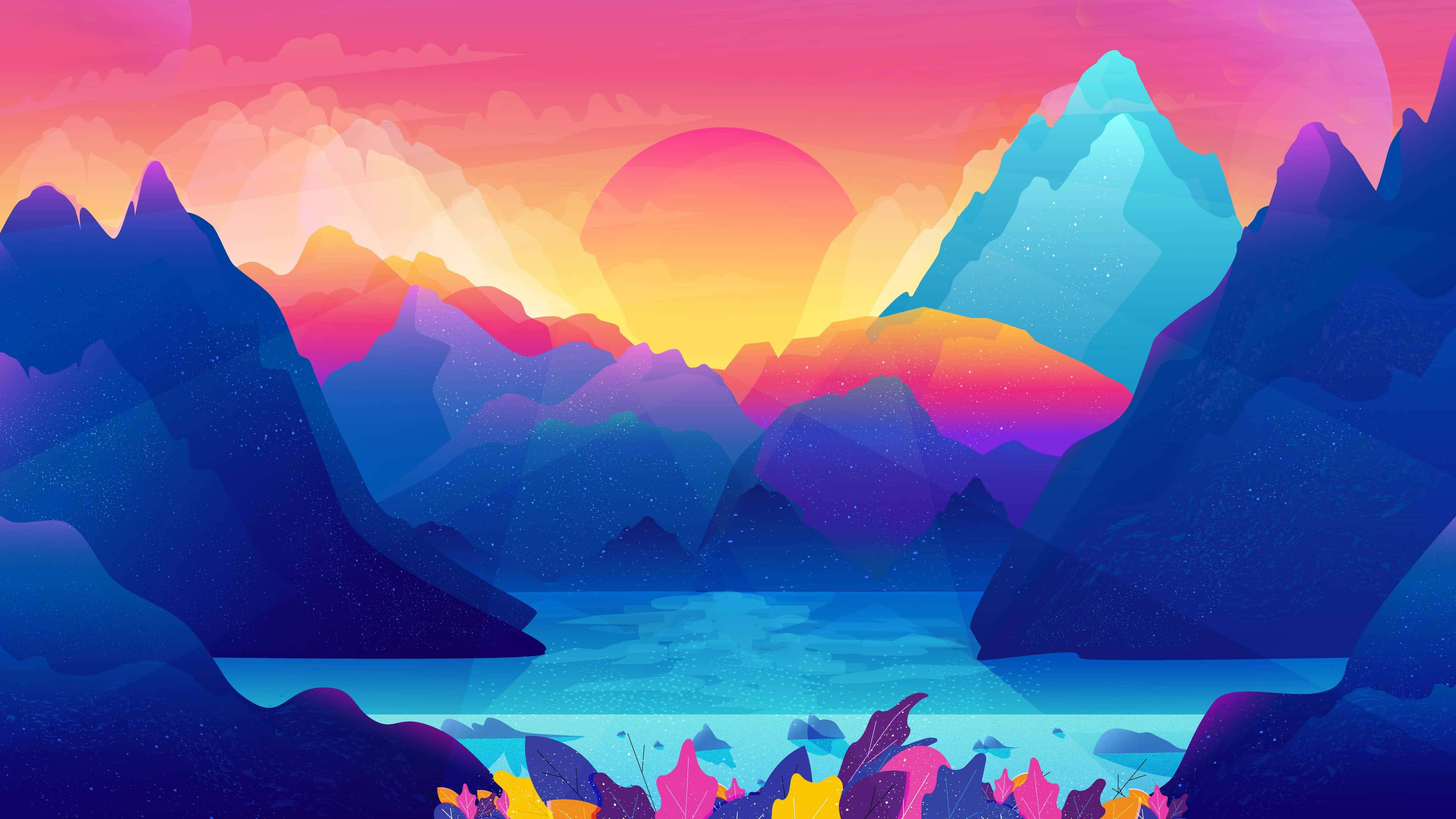 Minimalist Colorful 桌布 壁紙 — 充滿活力的幾何山脈在超現實的日落中閃耀，伴隨著一個巨大的橙色太陽和湖邊色彩繽紛的樹葉。