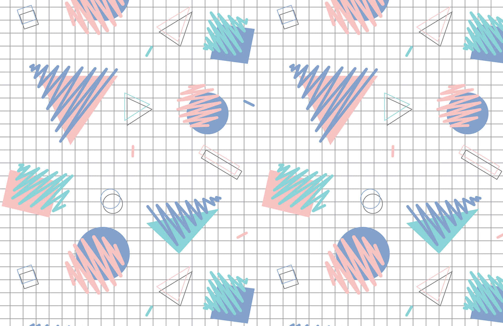 Geometric 桌布 壁紙 — 充滿活力的幾何形狀，以粉彩粉紅、藍色和青綠色搭配鋸齒狀筆觸，漂浮在淺色網格背景上。