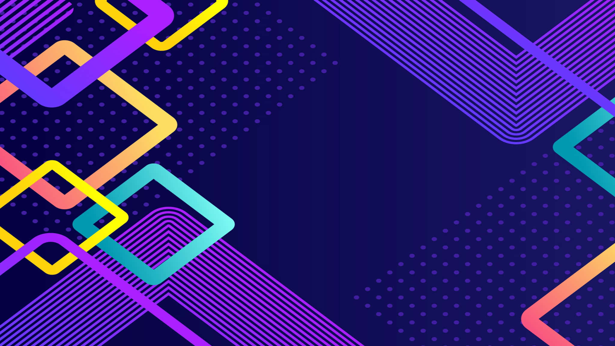 2048x1152 桌布 壁紙 — 充滿活力的幾何形狀以霓虹色調在帶有圓點紋理和角度線的深紫色背景上滑動。