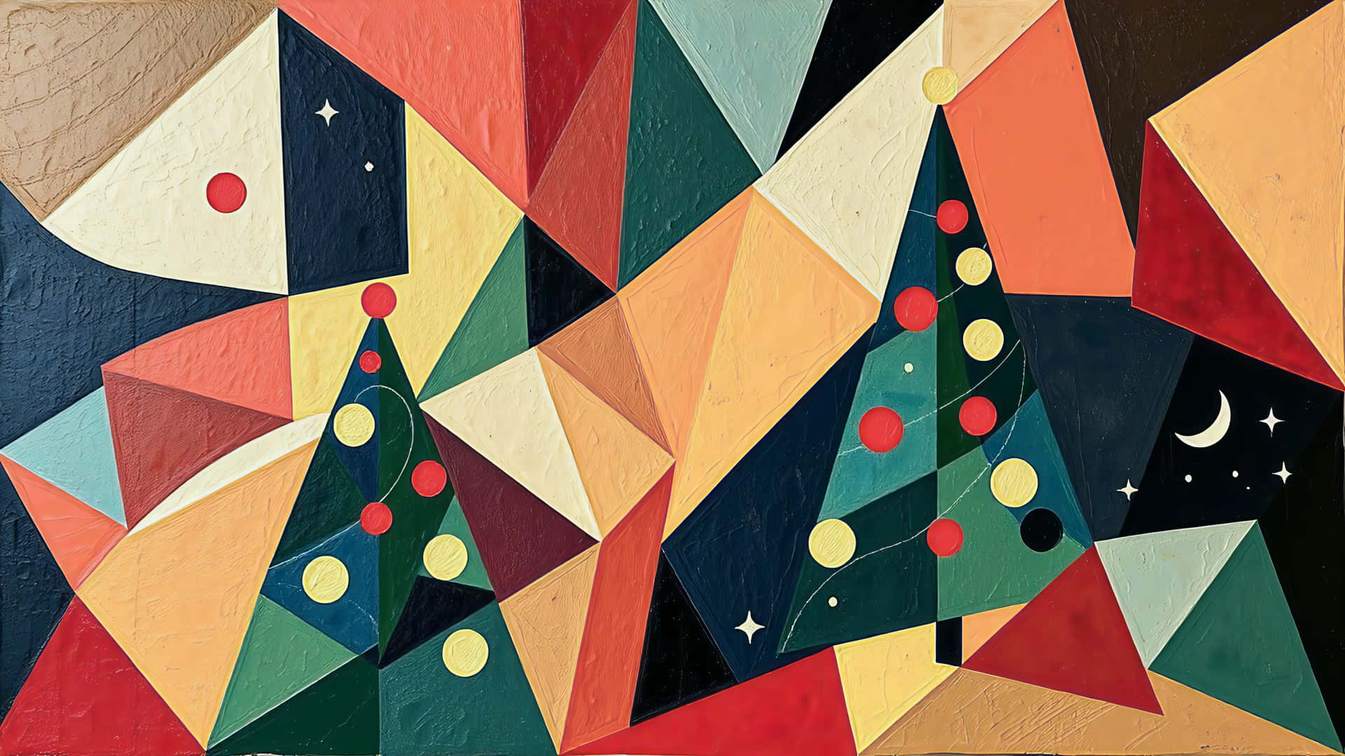 Geometric Abstract Christmas Landscape 壁紙 — 充滿活力的幾何抽象畫，描繪兩棵風格化的聖誕樹，飾有紅色和黃色裝飾，背景是帶有彎月的星空夜空。