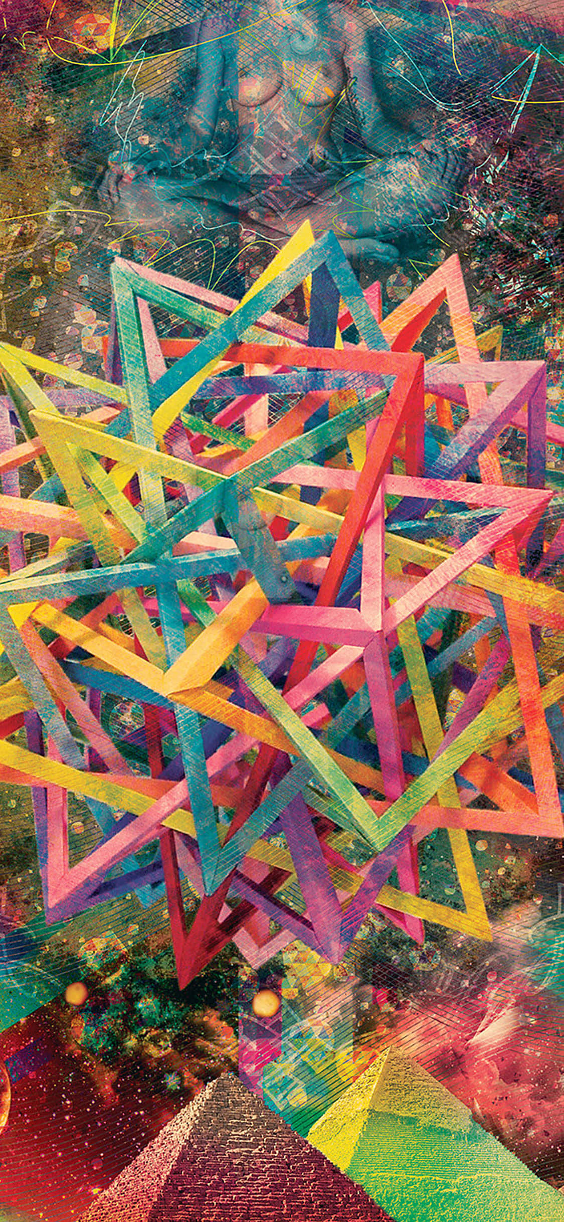 psychedelic art 桌布 壁紙 — 充滿活力的幾何星爆覆蓋在冥想人物上，呈現宇宙紋理數位藝術。