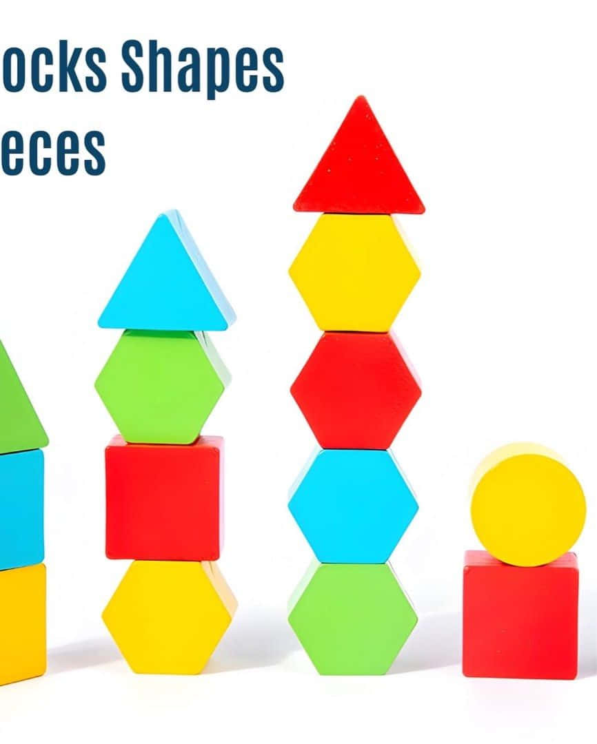 Geometric Shape 桌布 壁紙 — 充滿活力的幾何木塊，紅色、藍色、綠色、黃色，堆疊成色彩繽紛的塔樓，背景為潔淨的白色。