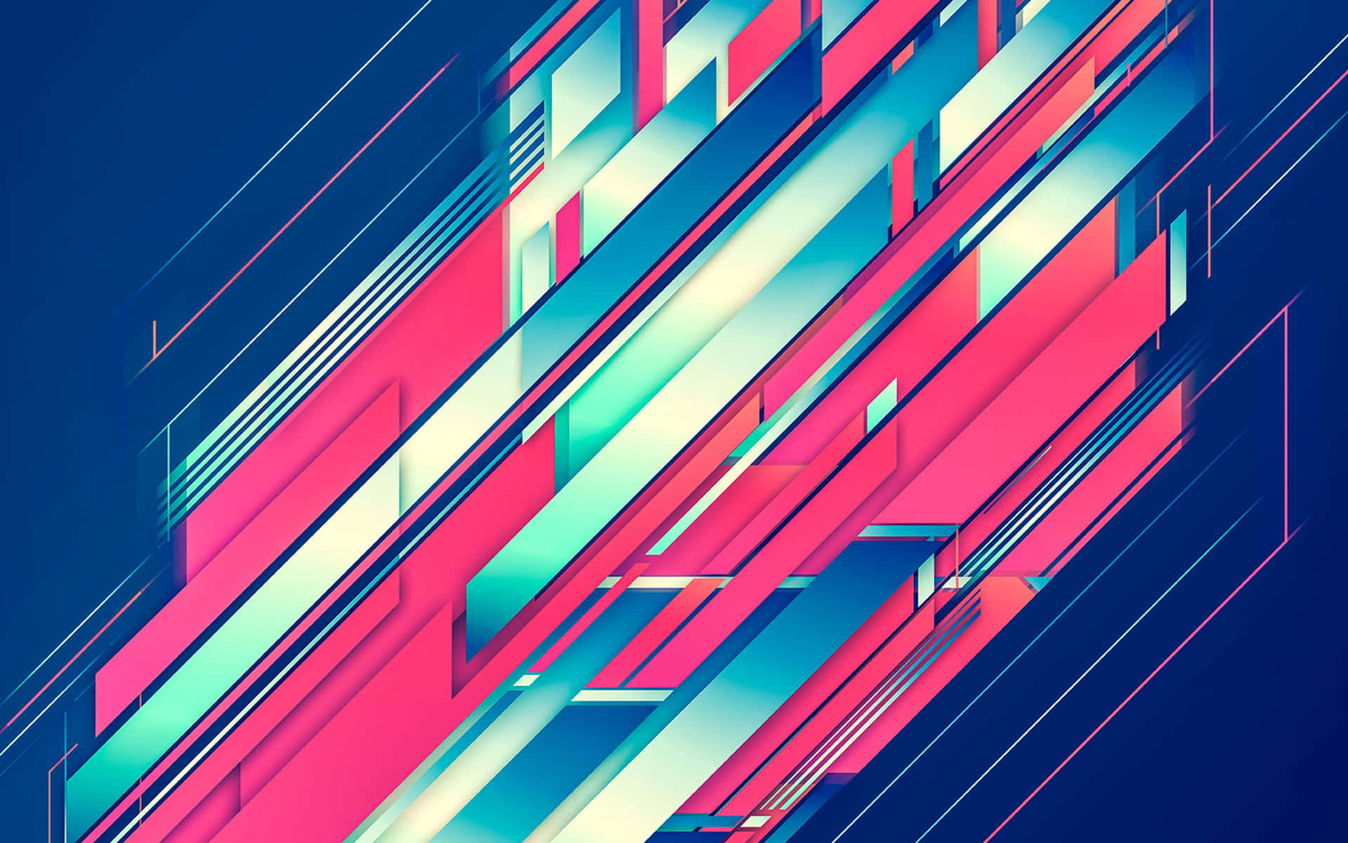 Geometric Shapes 桌布 壁紙 — 充滿活力的幾何條紋以粉紅色、藍綠色和藍色在深色背景上對角線延伸，創造出動態的數位抽象構圖。
