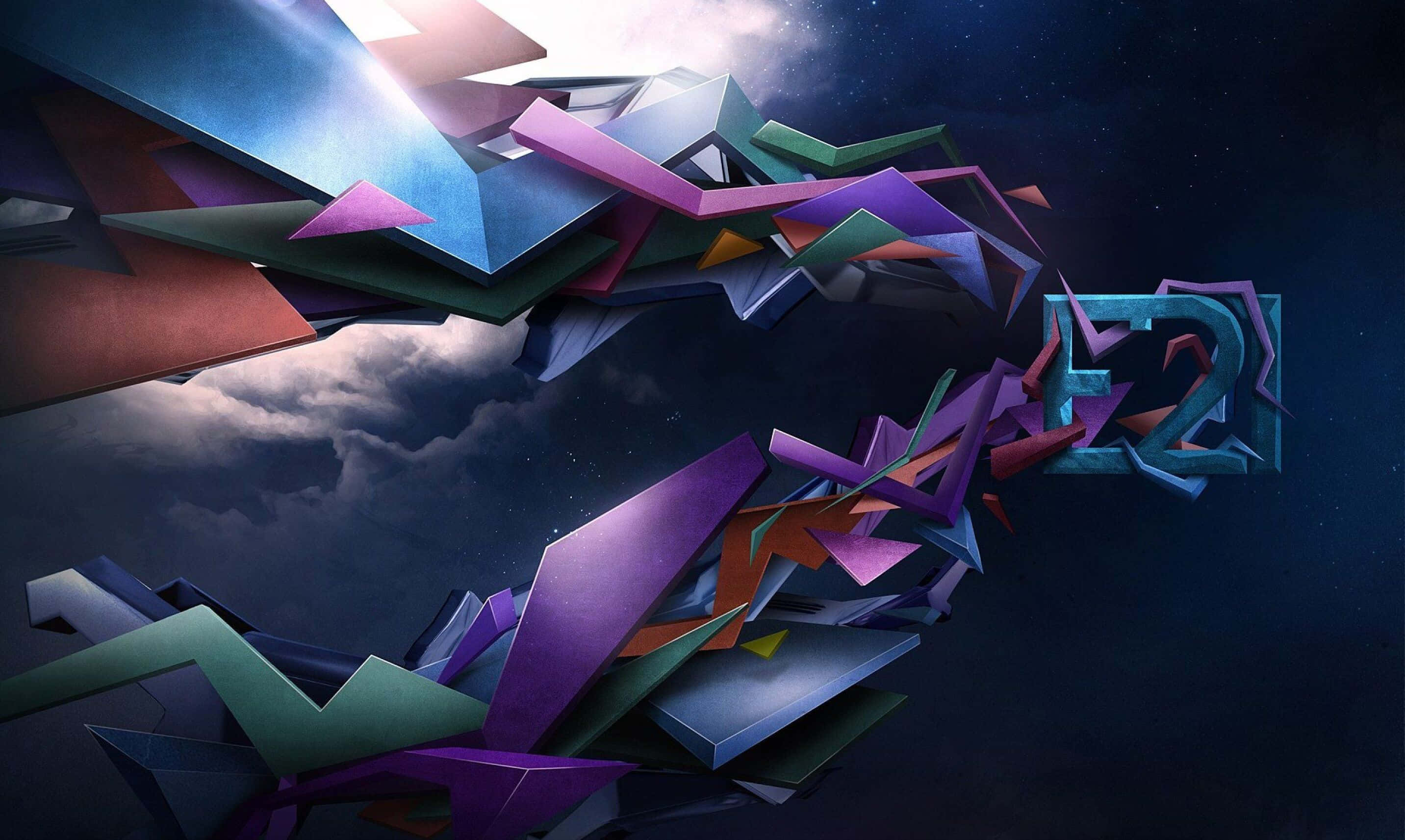 Geometric Shapes 桌布 壁紙 — 充滿活力的幾何碎片在帶有暴風雲和星空的宇宙天空中動態旋轉。
