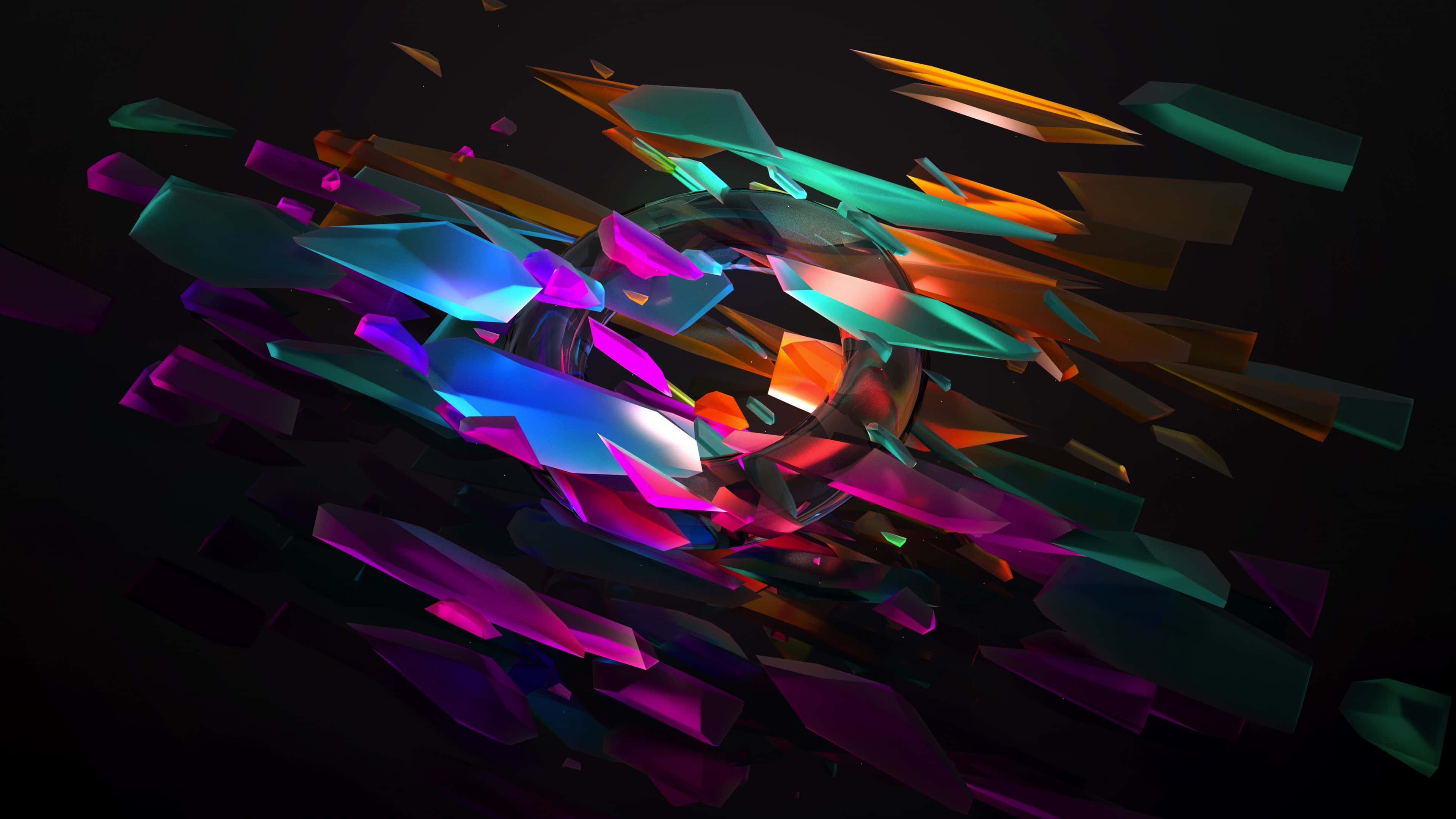 Fracture Glass 桌布 壁紙 — 充滿活力的幾何碎片從中央球體向黑暗虛空爆發，散發著電光霓虹色調。