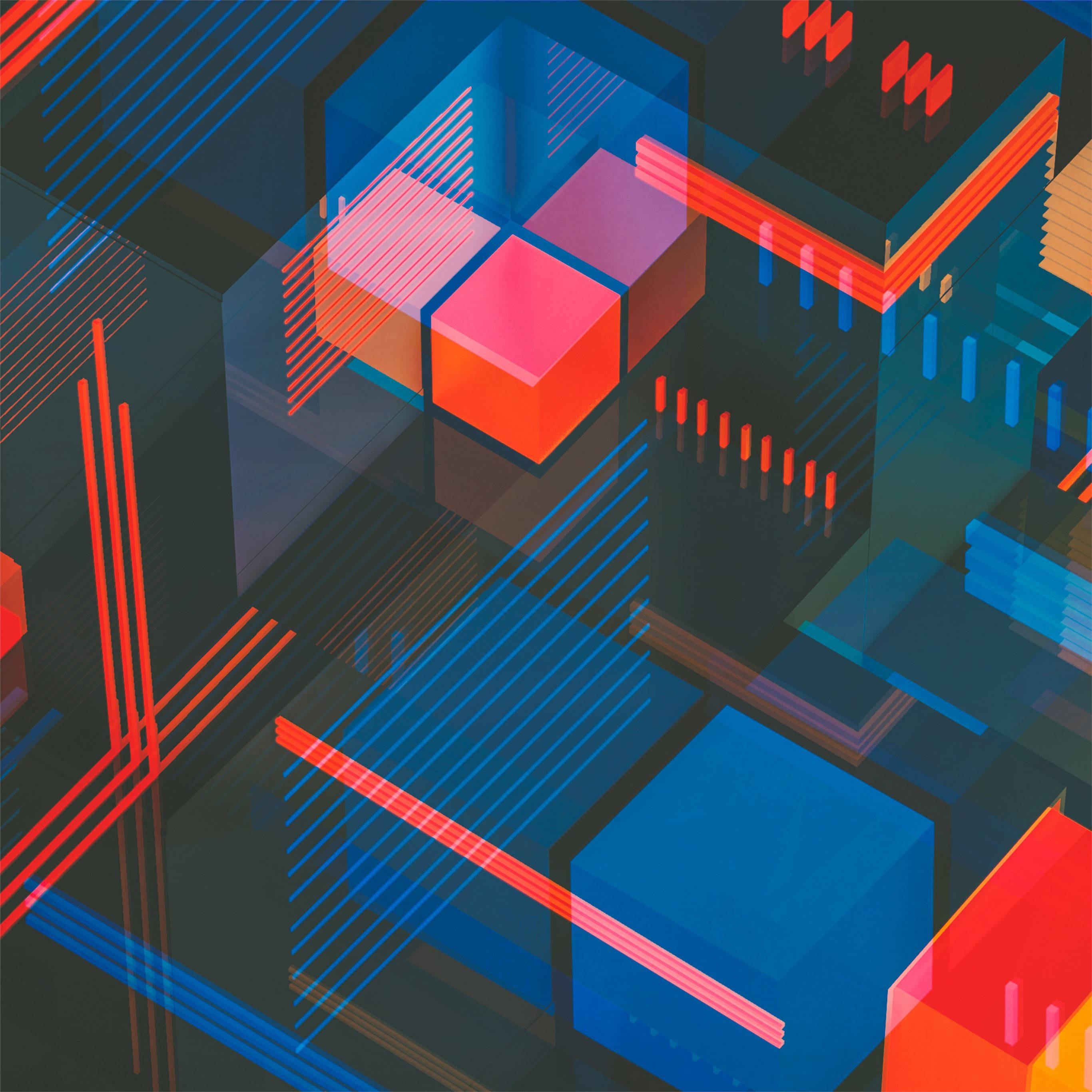 Design 桌布 壁紙 — 充滿活力的幾何立方體和霓虹紅藍色的發光線條，創造出動態的數位抽象構圖。