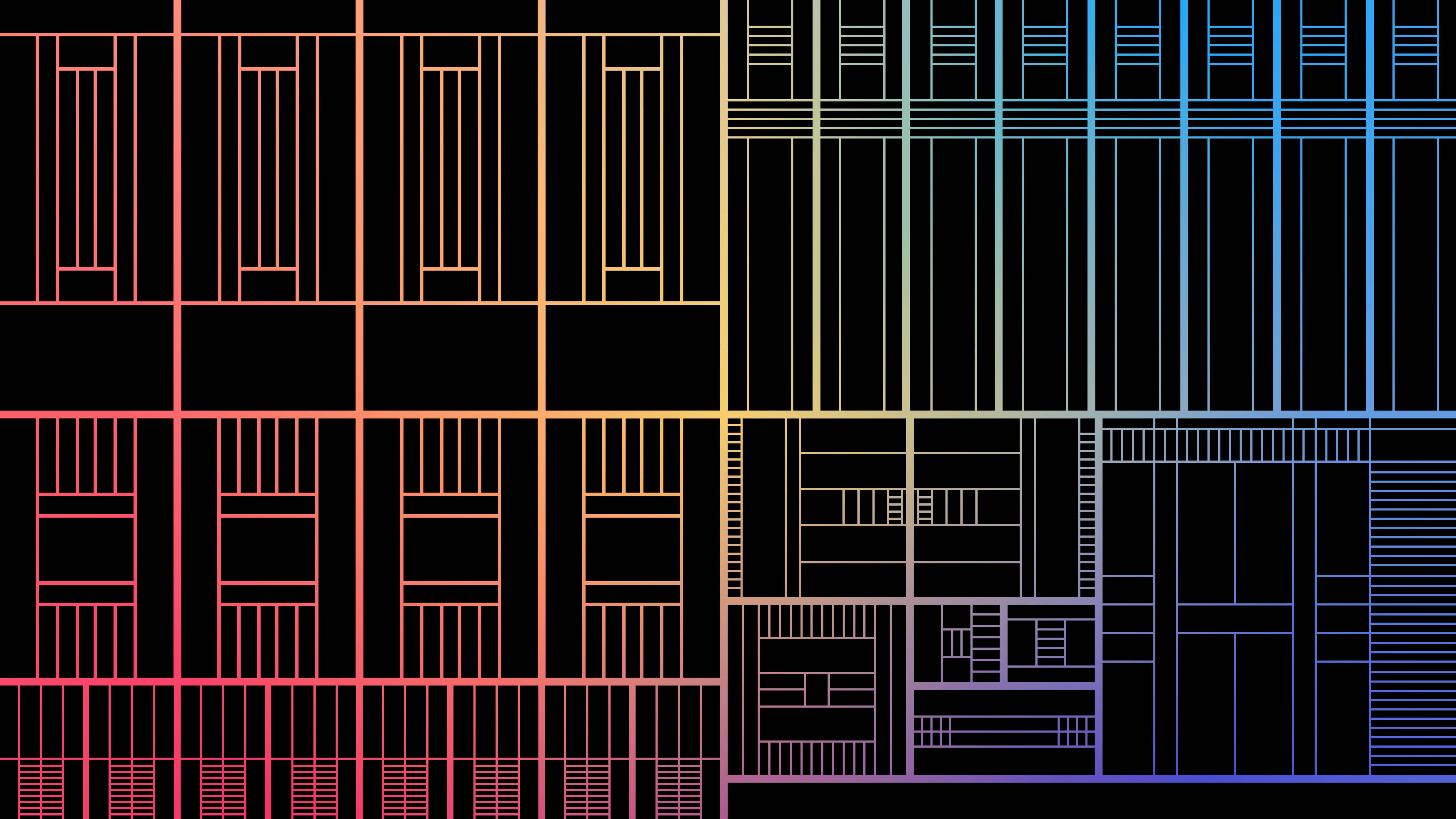 Processor 桌布 壁紙 — 充滿活力的幾何線條以漸變色調在黑色背景上形成抽象建築圖案。