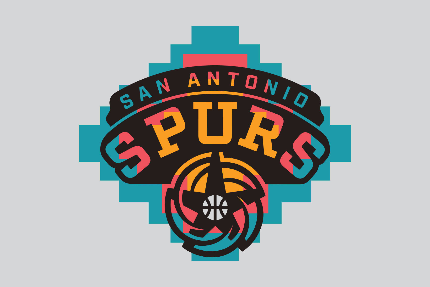 Spurs 桌布 壁紙 — 充滿活力的幾何聖安東尼奧馬刺隊標誌，大膽色彩和籃球圖案，淺灰色背景。