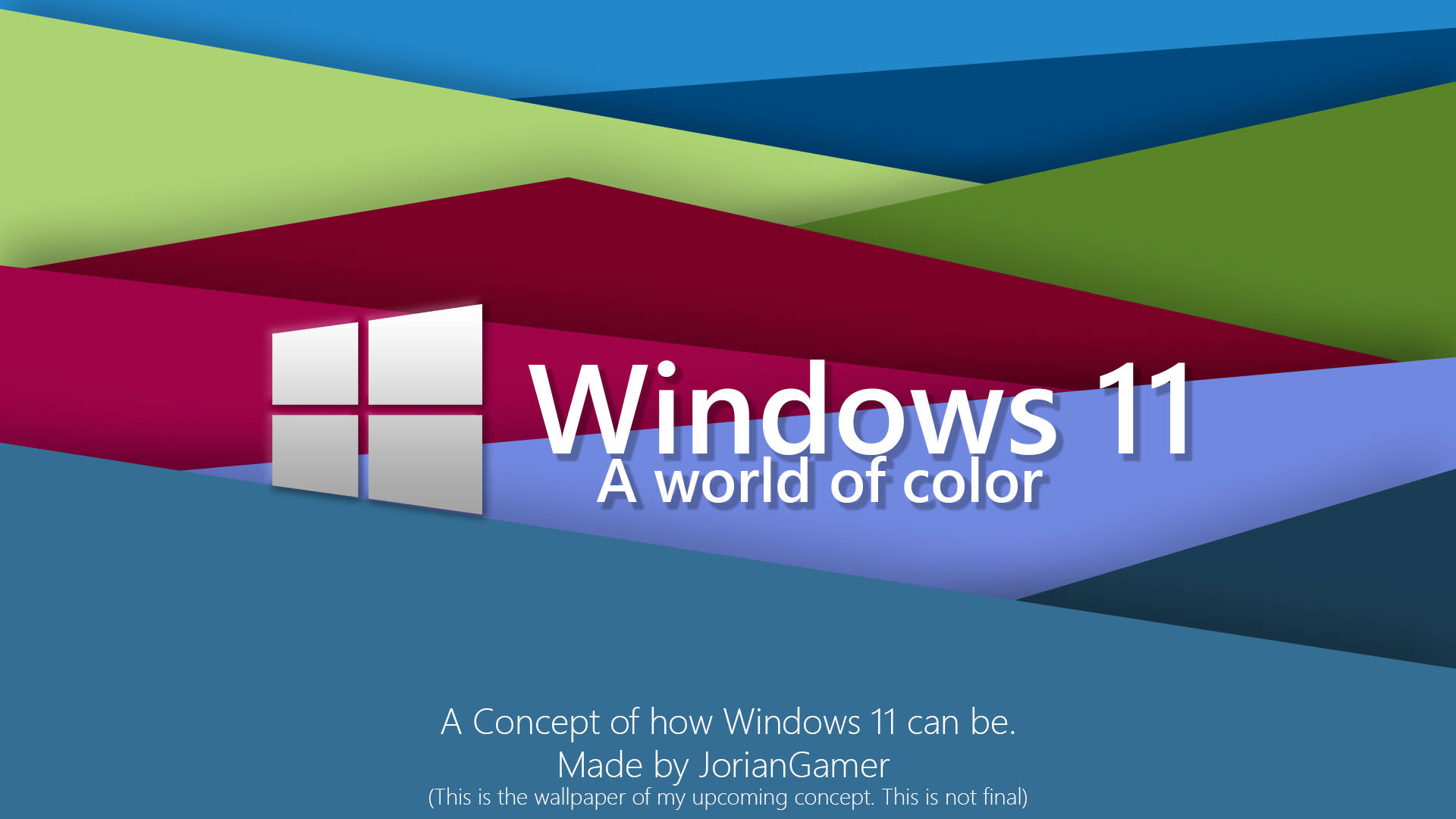 Windows 11 桌布 壁紙 — 充滿活力的幾何色塊為 Windows 11 品牌文字形成現代抽象背景。