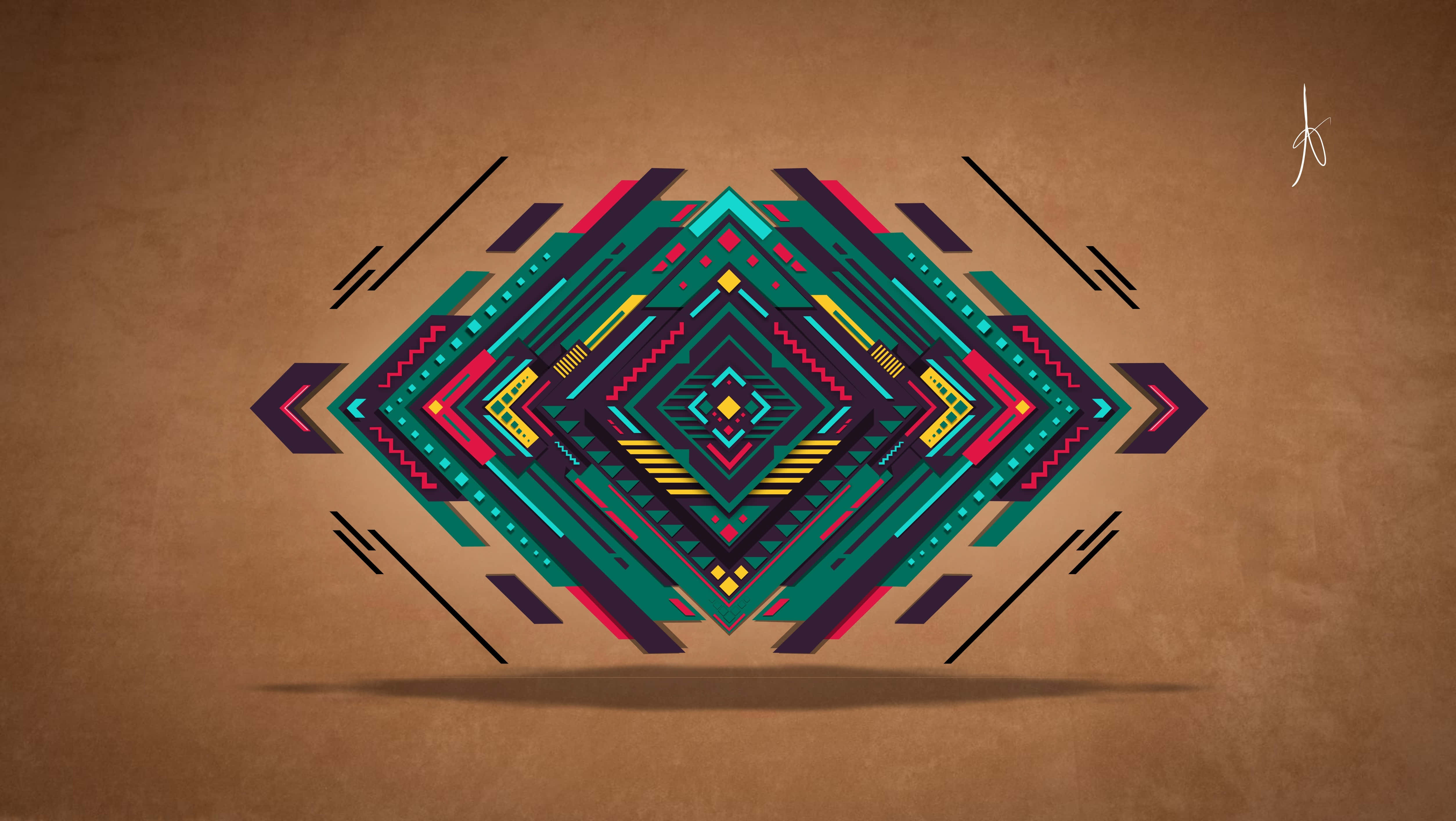 Digital 桌布 壁紙 — 充滿活力的幾何菱形圖案，帶有青綠色、粉紅色和黃色鋸齒紋理，背景為質感棕色。