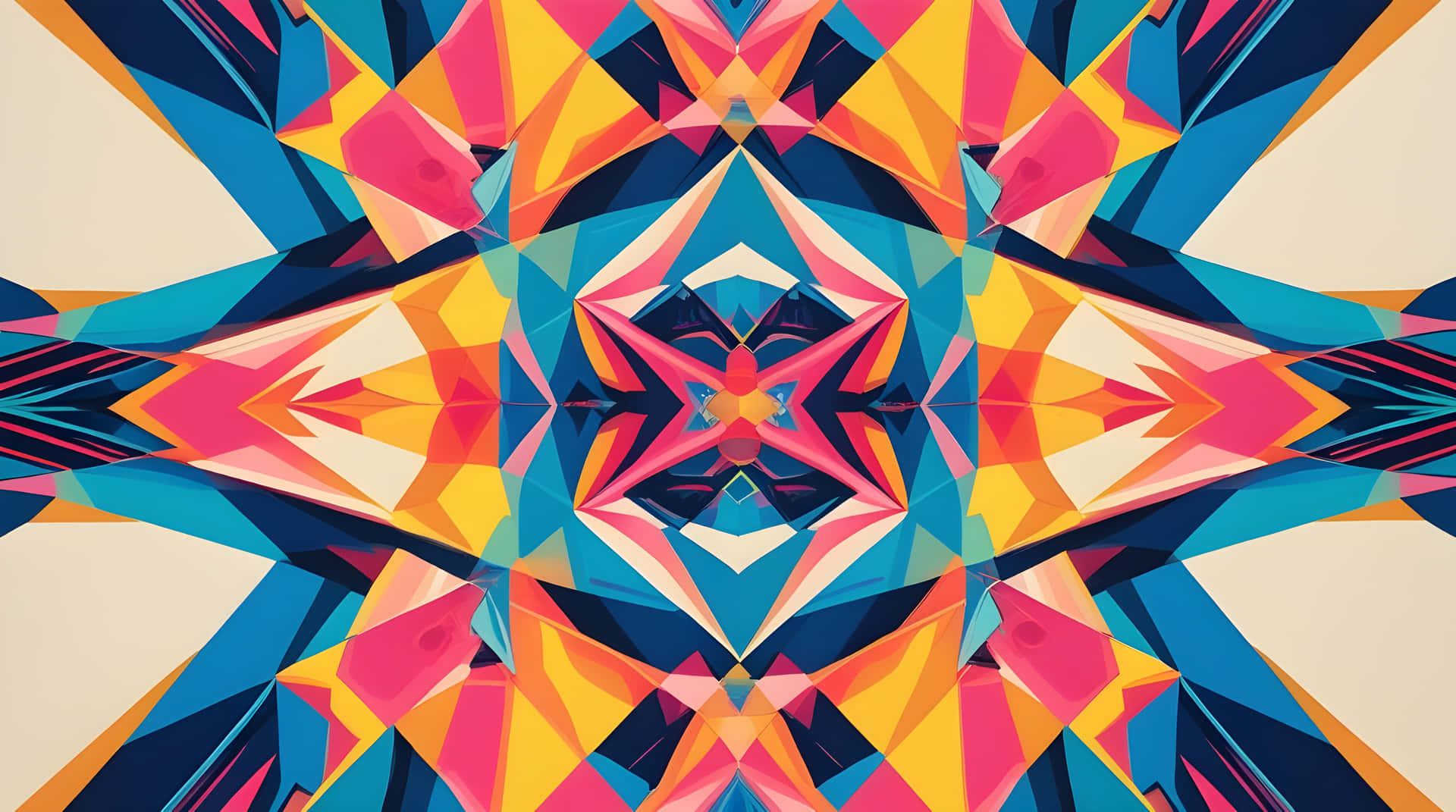 Very amazing abstract background wallpaper 壁紙 — 充滿活力的幾何萬花筒從中央星爆向外輻射，帶有鮮明的藍色、粉紅色和黃色，背景為奶油色。