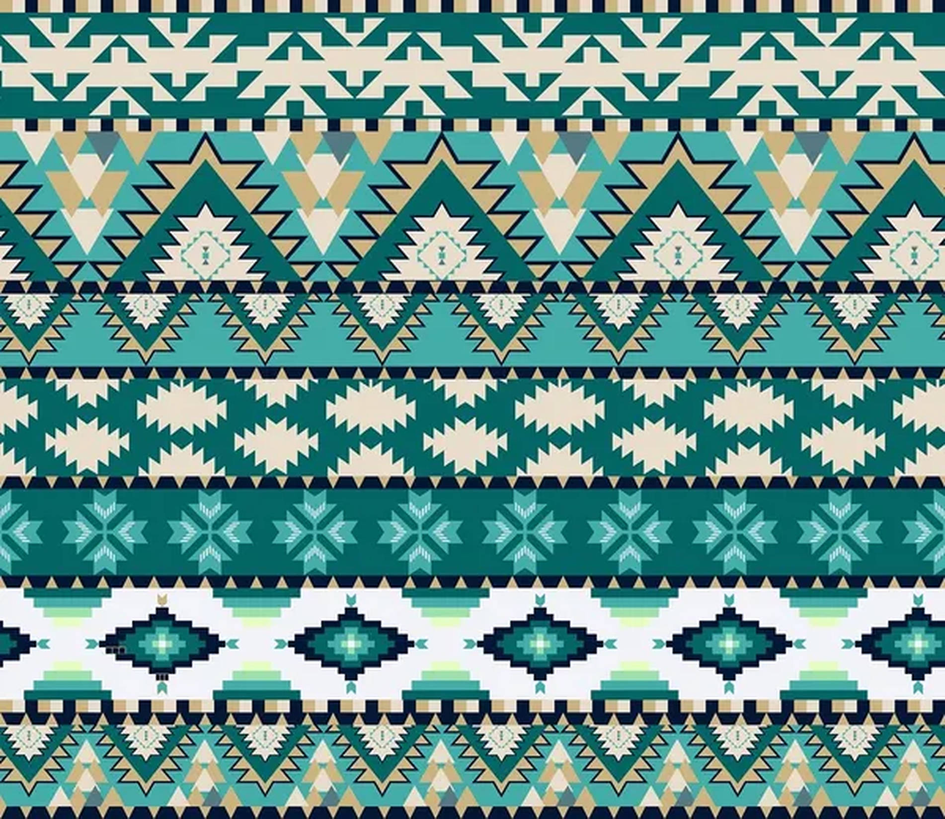 Tribal 桌布 壁紙 — 充滿活力的幾何部落圖案，以青綠色、奶油色和海軍藍形成重複的水平條紋，帶有銳利的角形圖案。