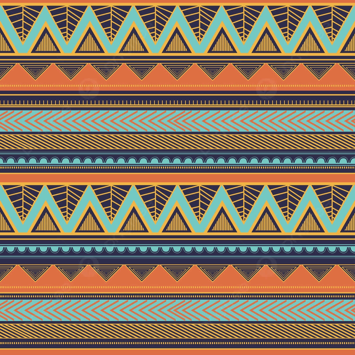  壁紙 — 充滿活力的幾何部落圖案，重複的三角形、鋸齒紋和條紋，採用青綠色、橙色和海軍藍。