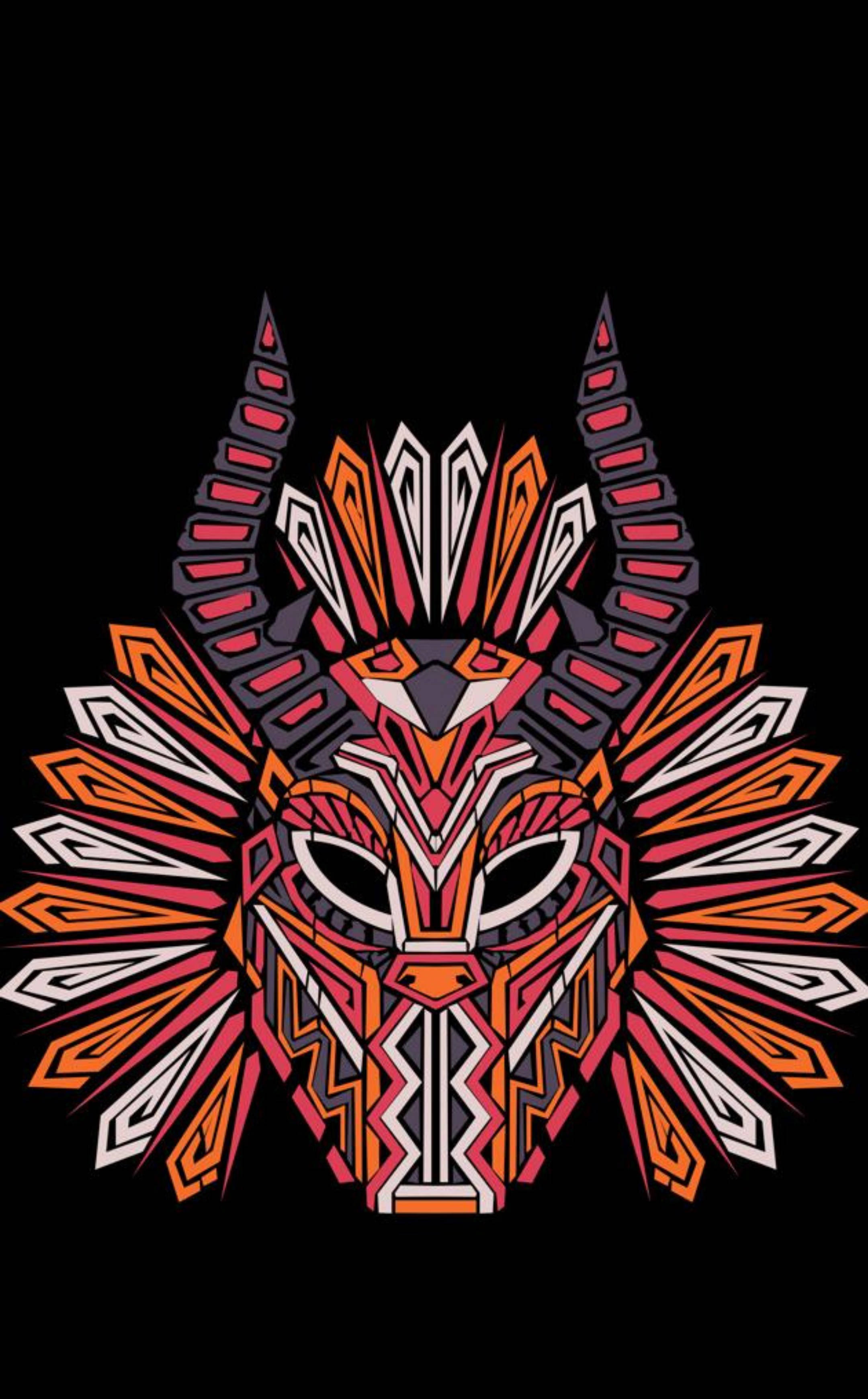 殺人魔哥 桌布 壁紙 — 充滿活力的幾何部落面具，橙色、粉紅色和白色圖案從中央臉部向黑色背景輻射。