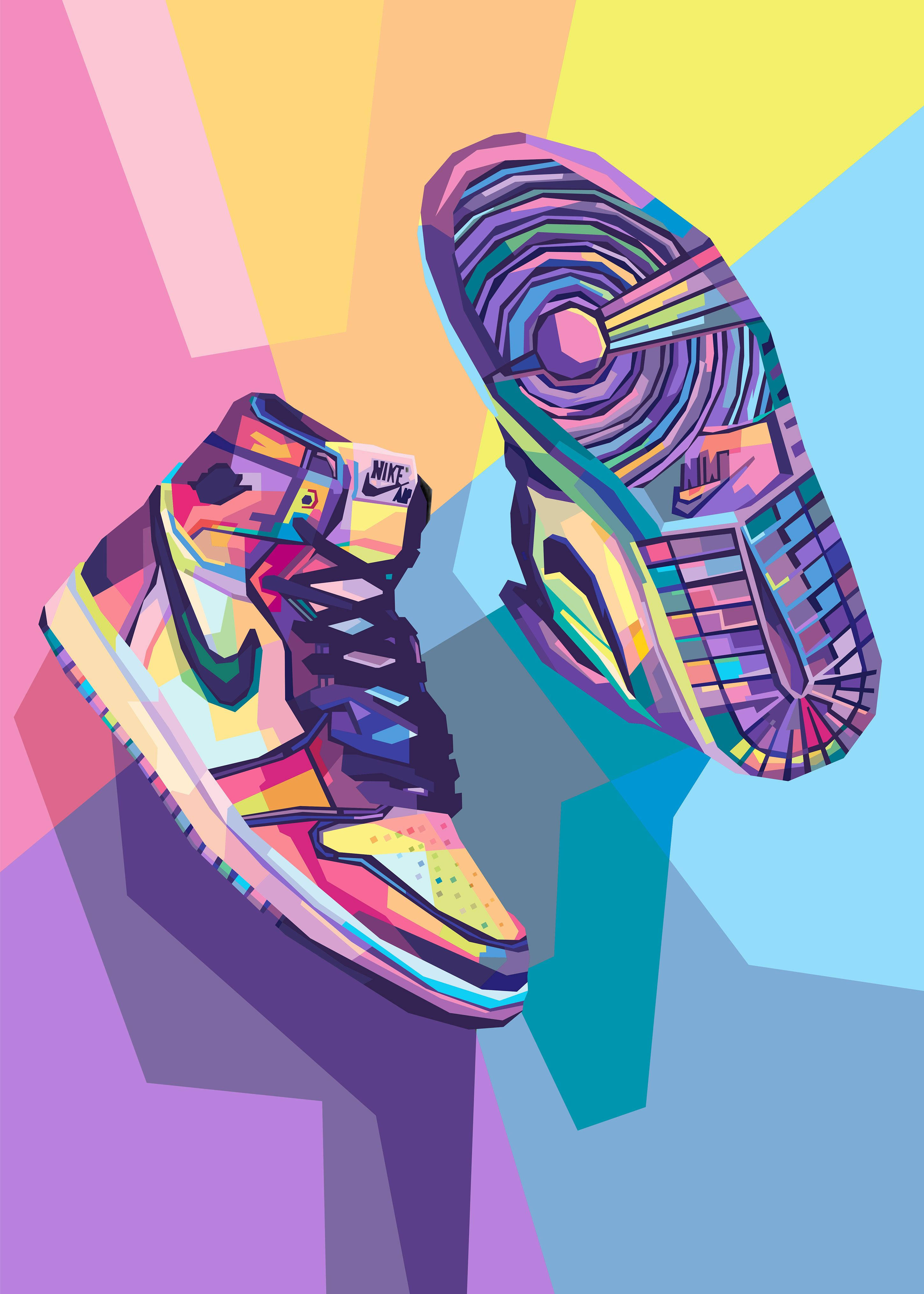 Cartoon 桌布 壁紙 — 充滿活力的幾何風格Nike運動鞋，帶有彩虹色調，漂浮在鮮明的粉彩背景上。