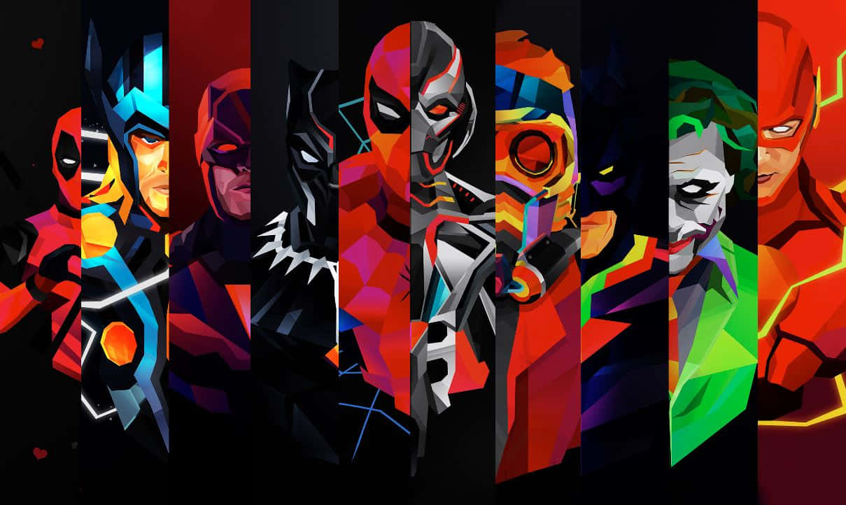 heroes 桌布 壁紙 — 充滿活力的幾何風格漫畫英雄與反派，在深色背景上以大膽的垂直條紋呈現。