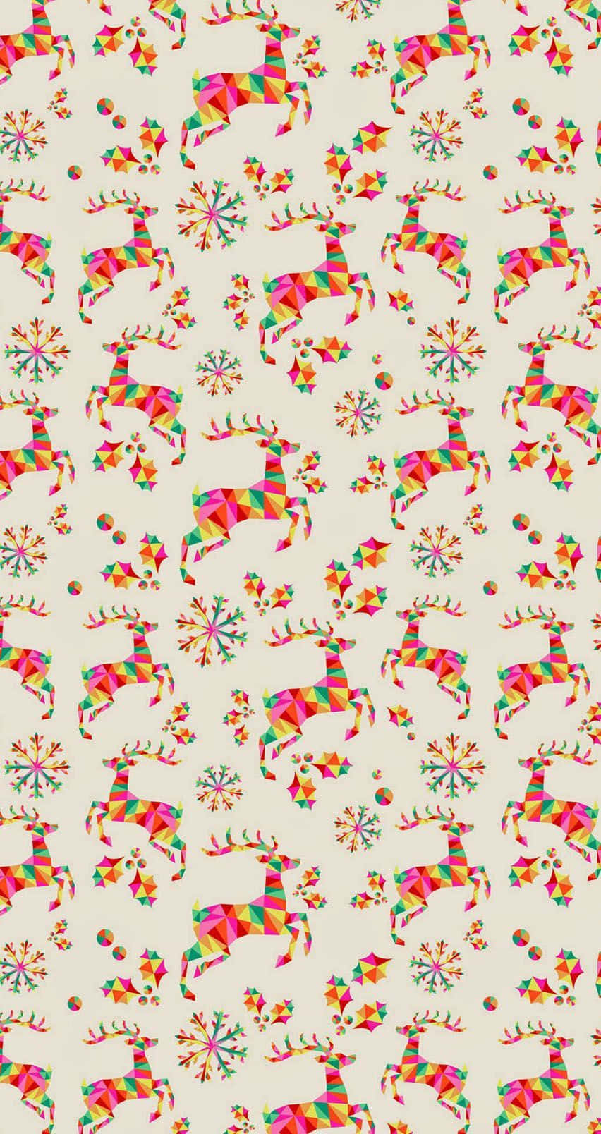 Christmas Pattern 桌布 壁紙 — 充滿活力的幾何馴鹿和雪花以彩虹色調在柔軟的奶油色背景上重複。