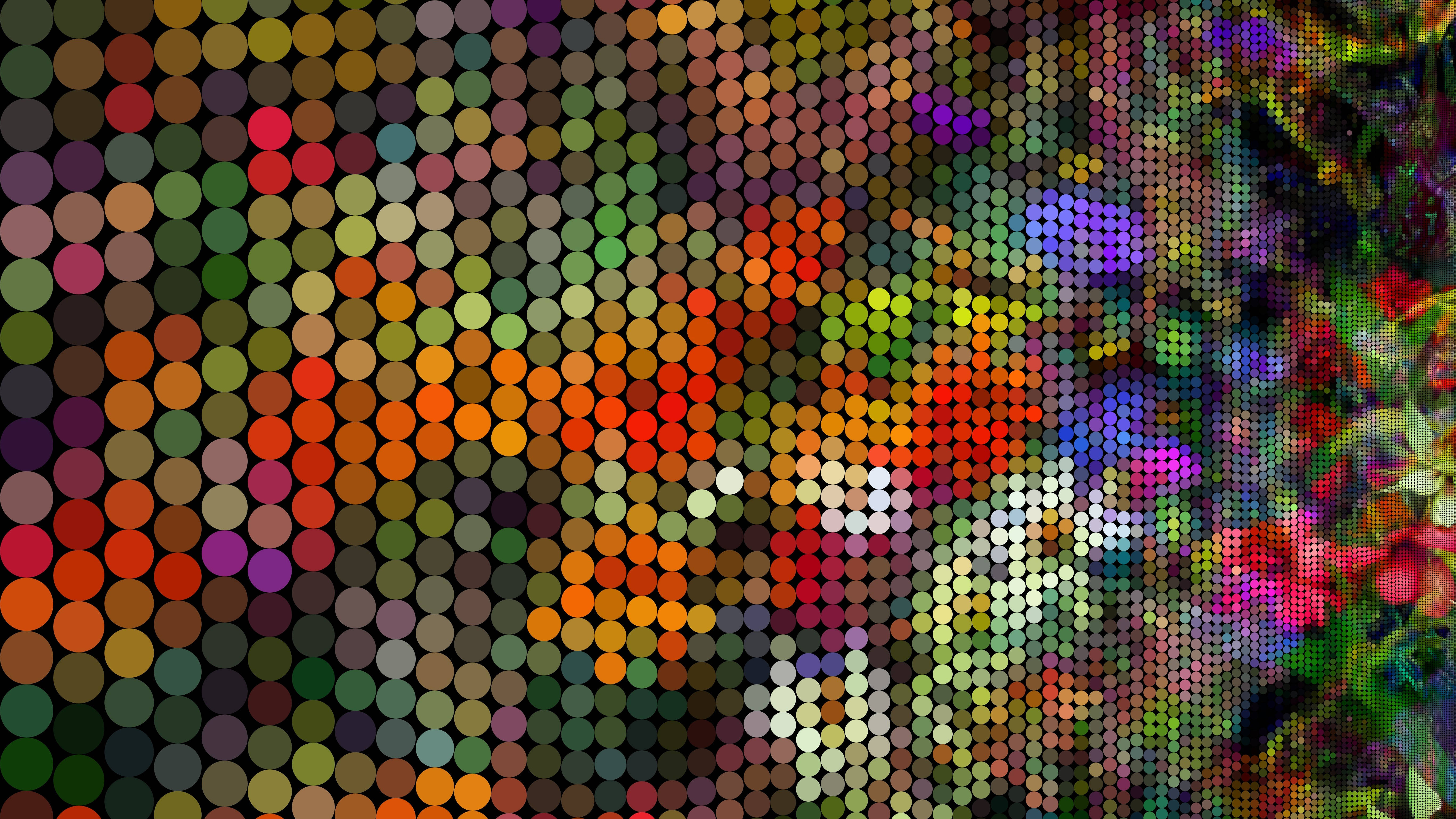 Pixel 桌布 壁紙 — 充滿活力的彩色圓圈馬賽克，從有序的網格過渡到混亂的色彩爆發。