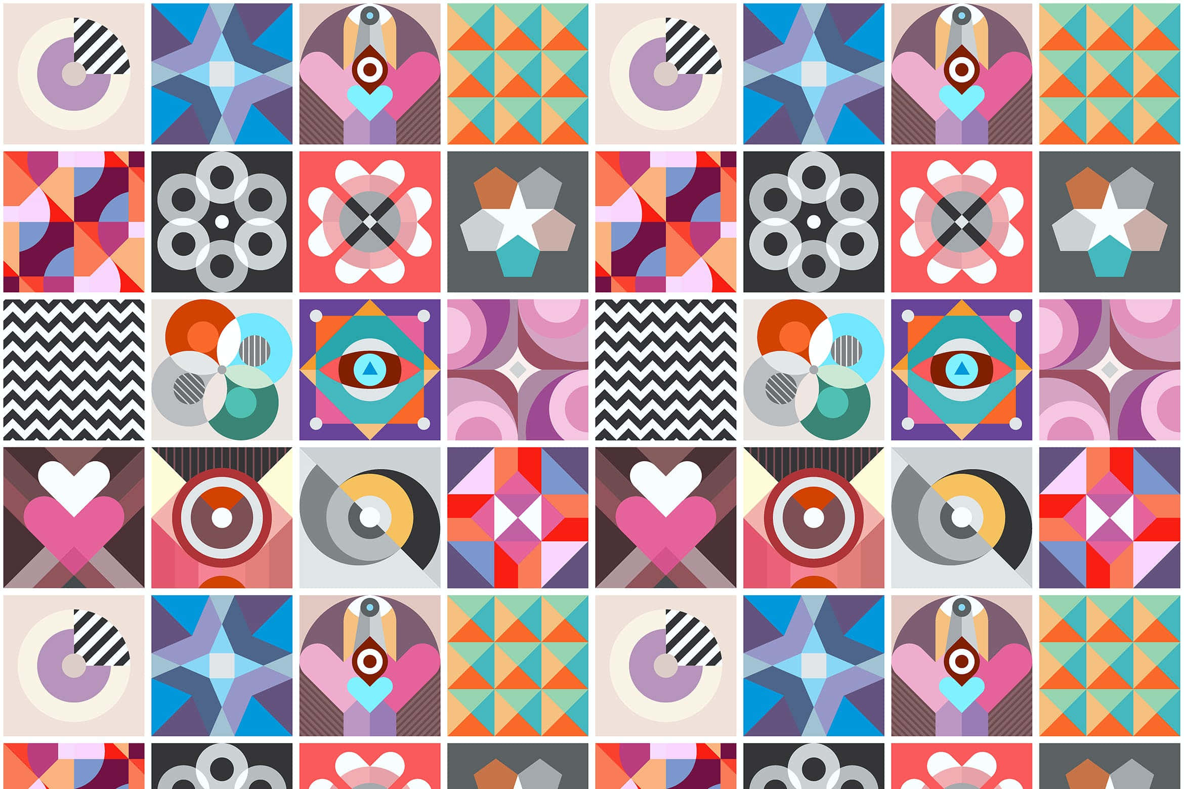 Geometric Pattern 桌布 壁紙 — 充滿活力的彩色幾何圖案網格，包含心形、星形和抽象形狀，大膽現代設計。