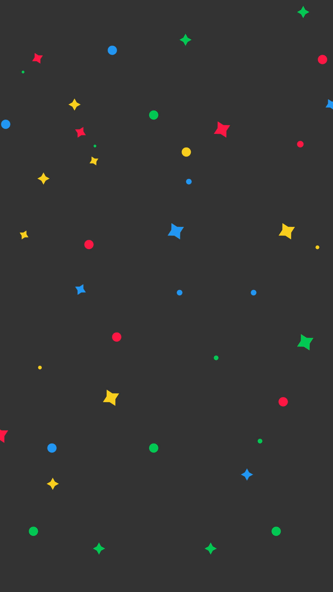 深灰色背景，散落著包括圓點和星星在內的彩色幾何形狀。 — 簡約 Android 桌布 壁紙