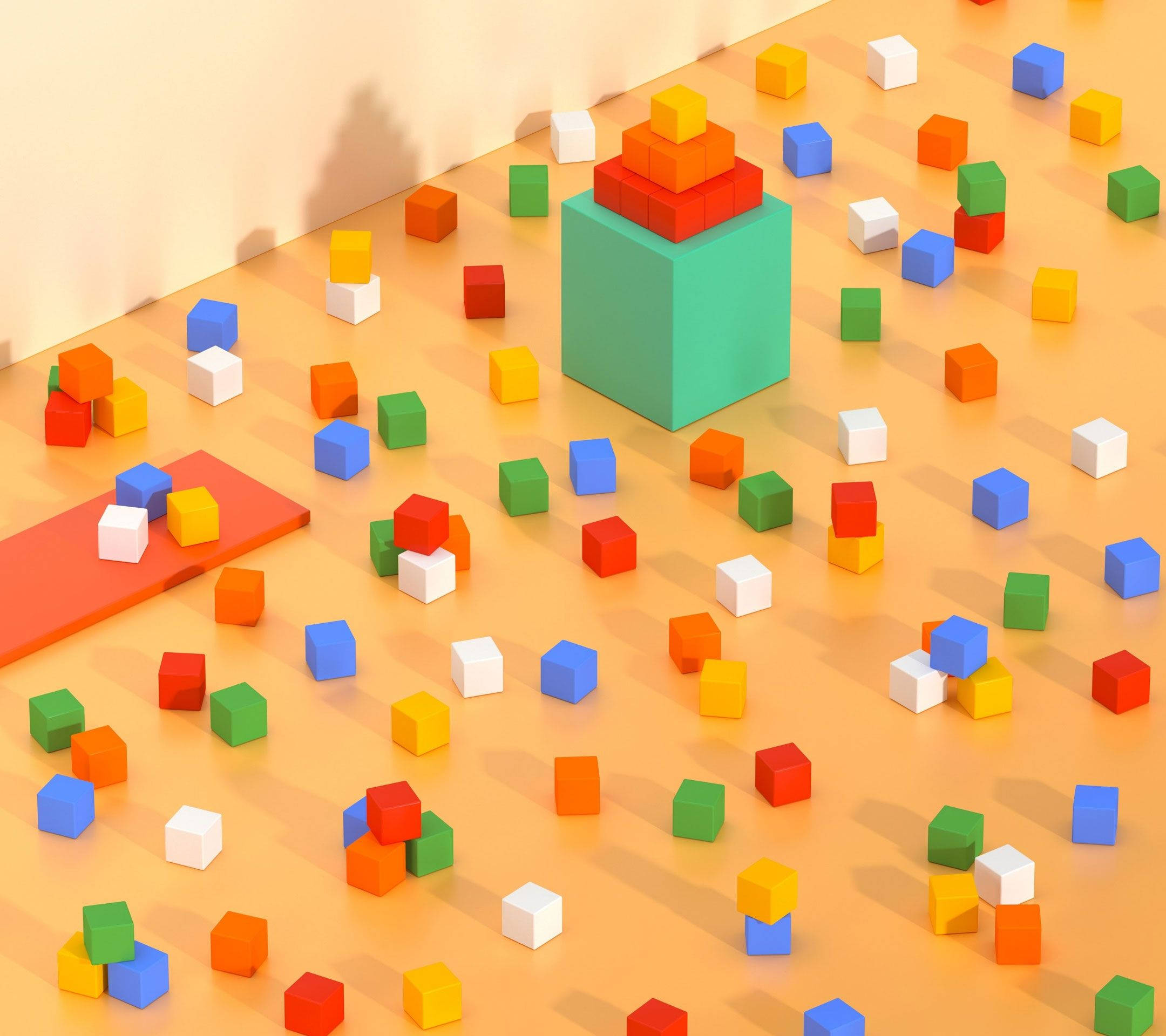Pixel 桌布 壁紙 — 充滿活力的彩色方塊散落在溫暖的橙色地板上，一個藍綠色方塊塔高高聳立。