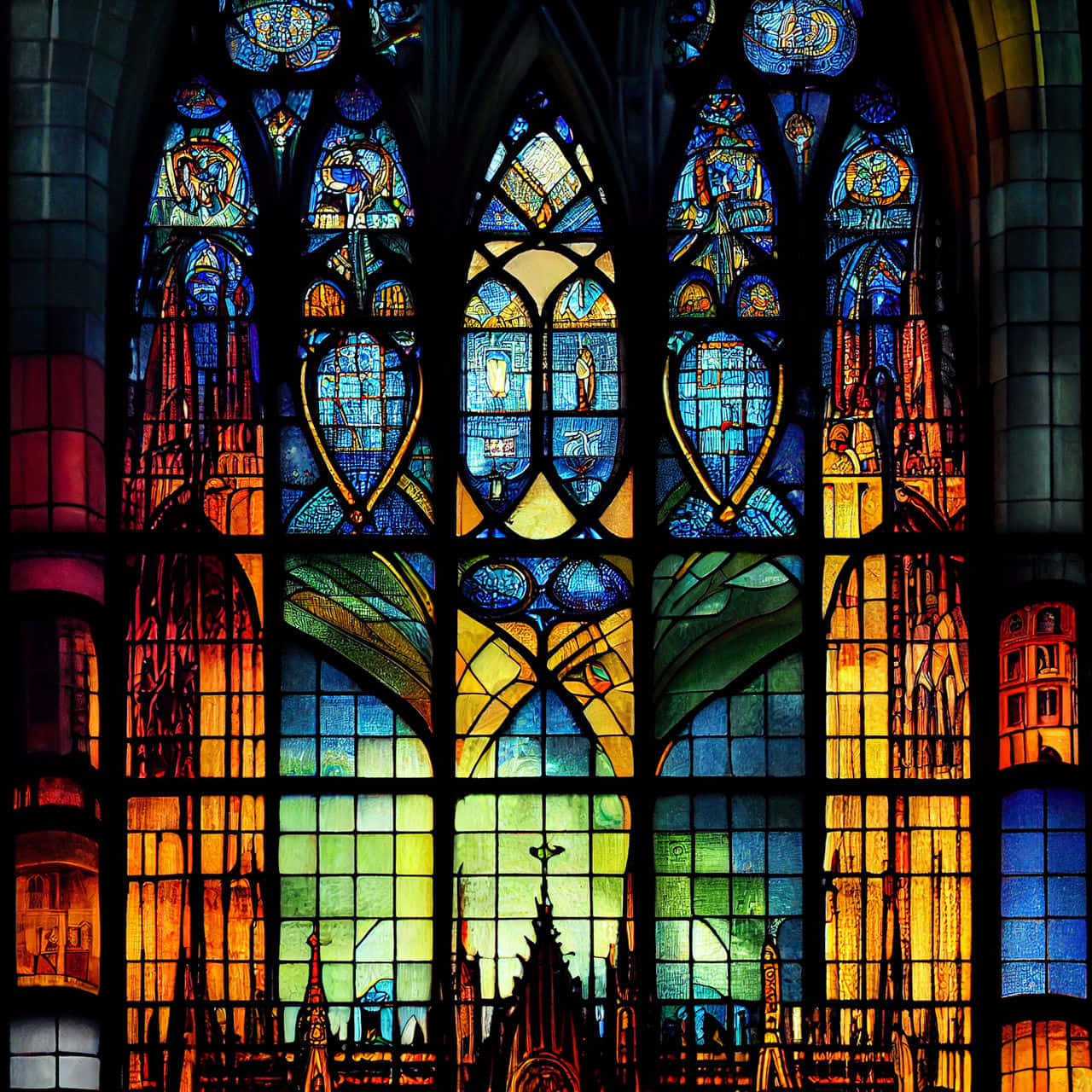 Stained Glass 桌布 壁紙 — 充滿活力的彩色玻璃窗，帶有複雜的藍色、橙色和綠色面板，描繪哥德式大教堂中的宗教場景。