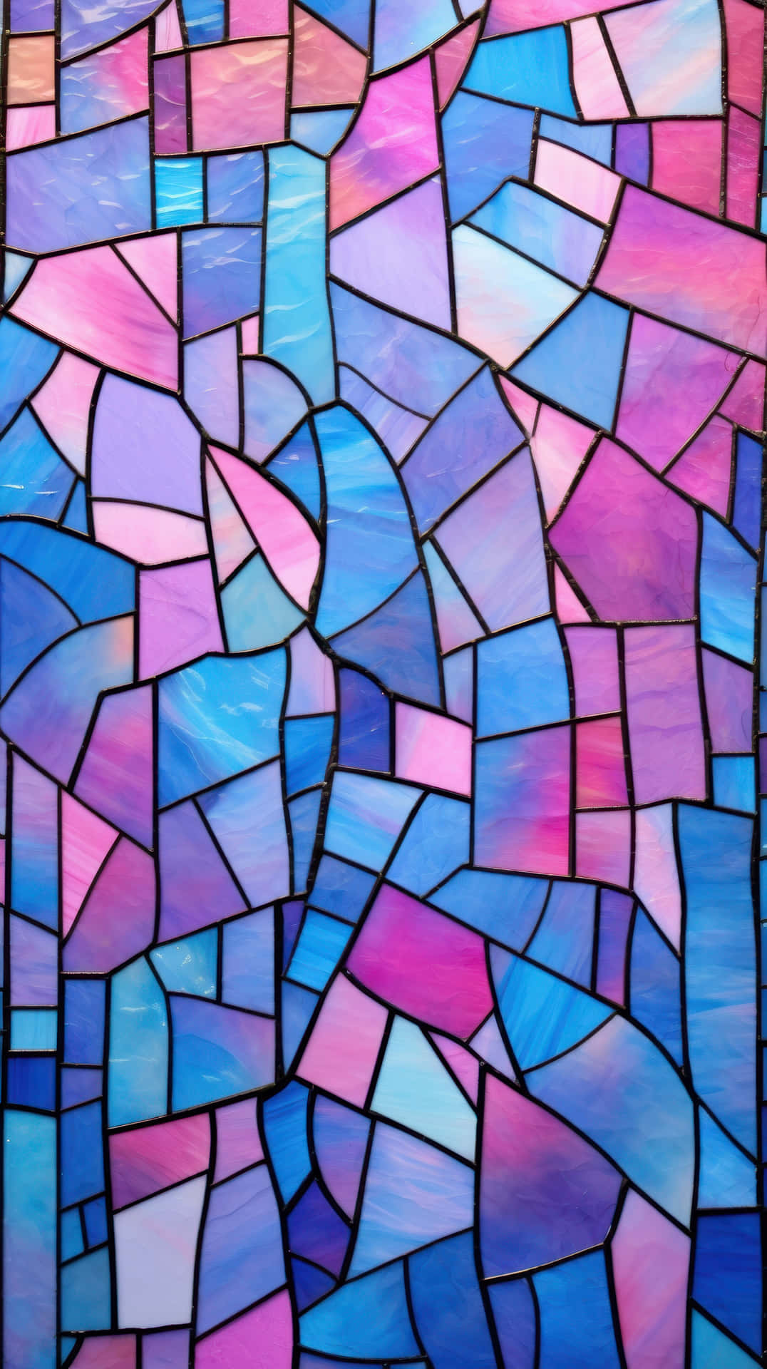 Abstract Stained Glass Design with Vibrant Pink, Blue, and Purple 壁紙 — 充滿活力的彩色玻璃面板，帶有不規則幾何碎片，呈現藍色、粉紅色和紫色色調，由深色鉛線框住。