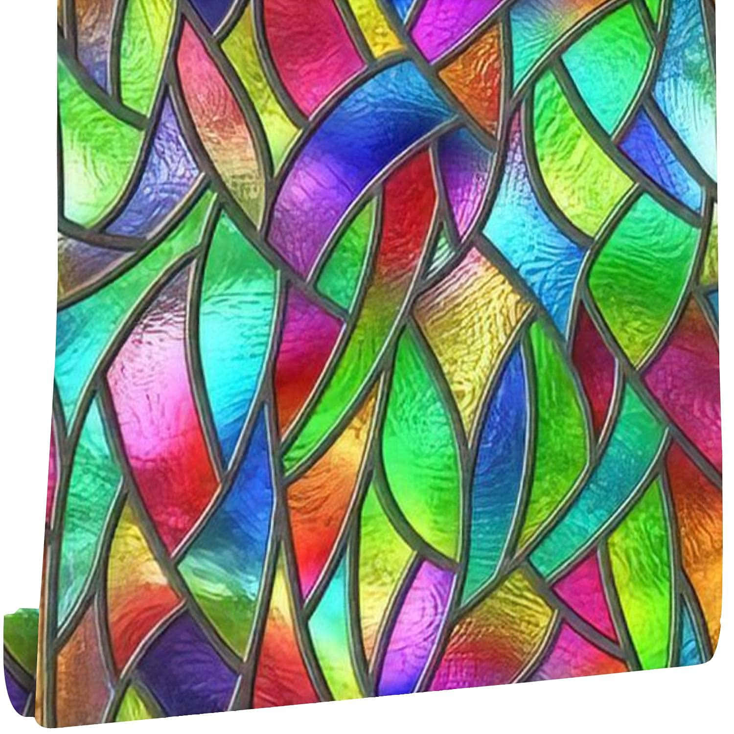 Stained Glass 桌布 壁紙 — 充滿活力的彩色玻璃面板以流動的彎曲形狀創造出萬花筒般的彩虹圖案，帶有深色鉛線。