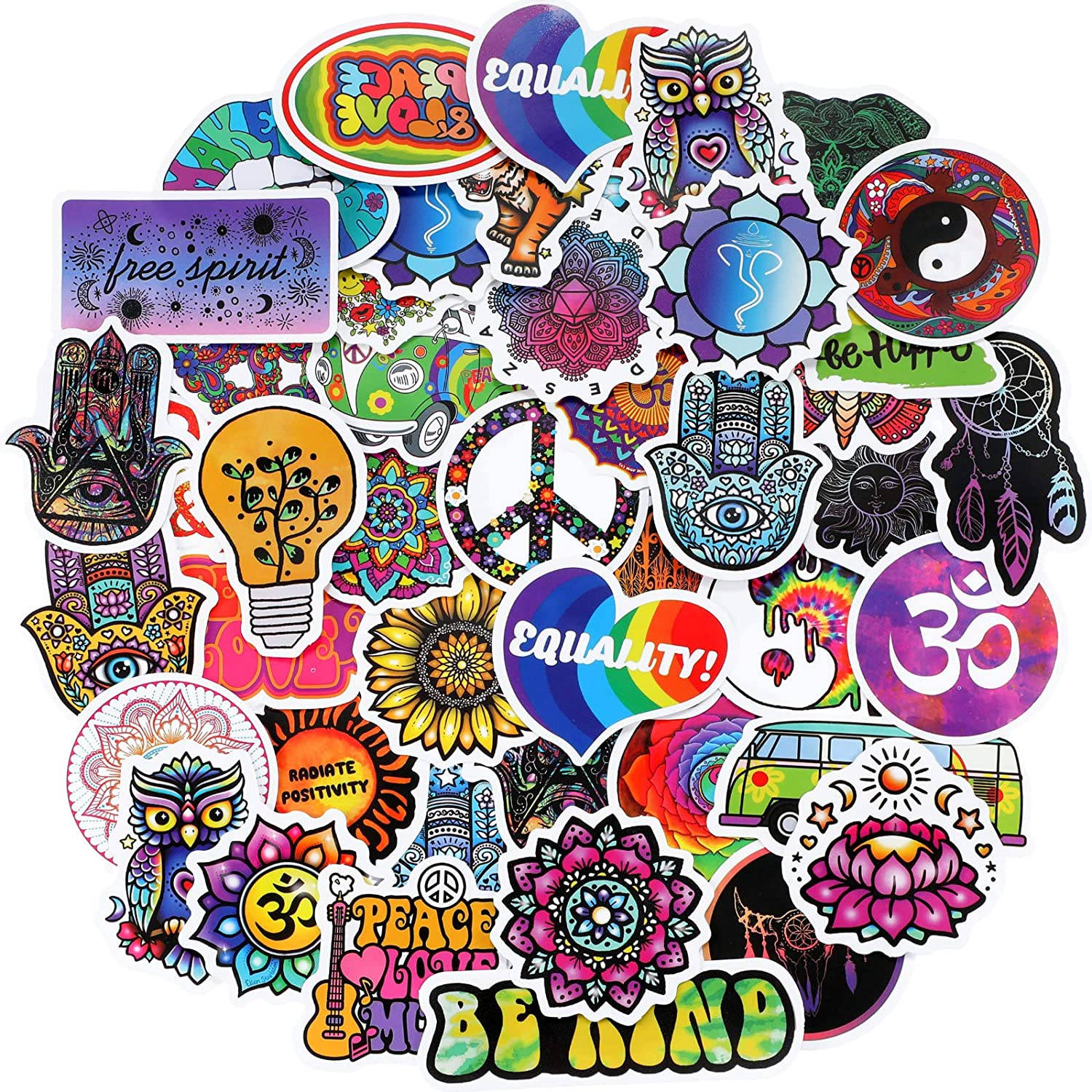 Hippie Aesthetic Laptop 桌布 壁紙 — 充滿活力的彩色迷幻貼紙拼貼，包含和平符號、曼陀羅、貓頭鷹以及平等和自由精神等肯定語句。