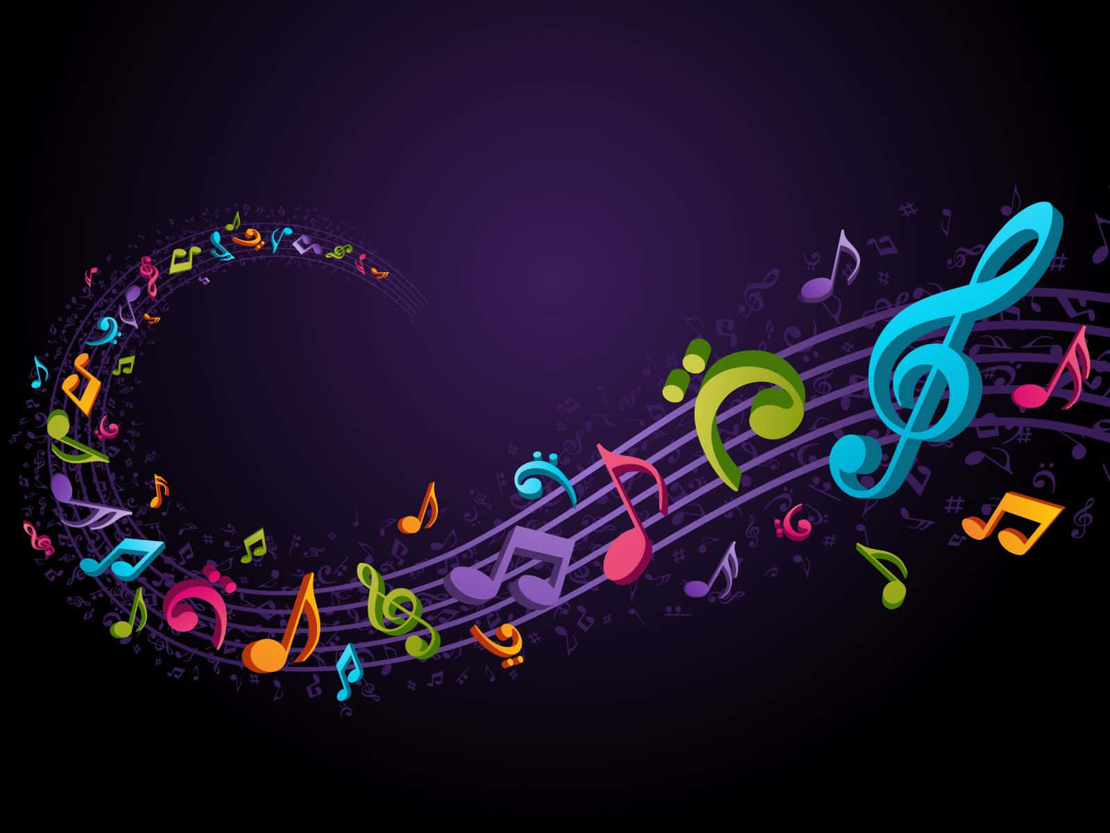 Musical 桌布 壁紙 — 充滿活力的彩色音符和符號在深紫色漸層背景上動態旋轉。
