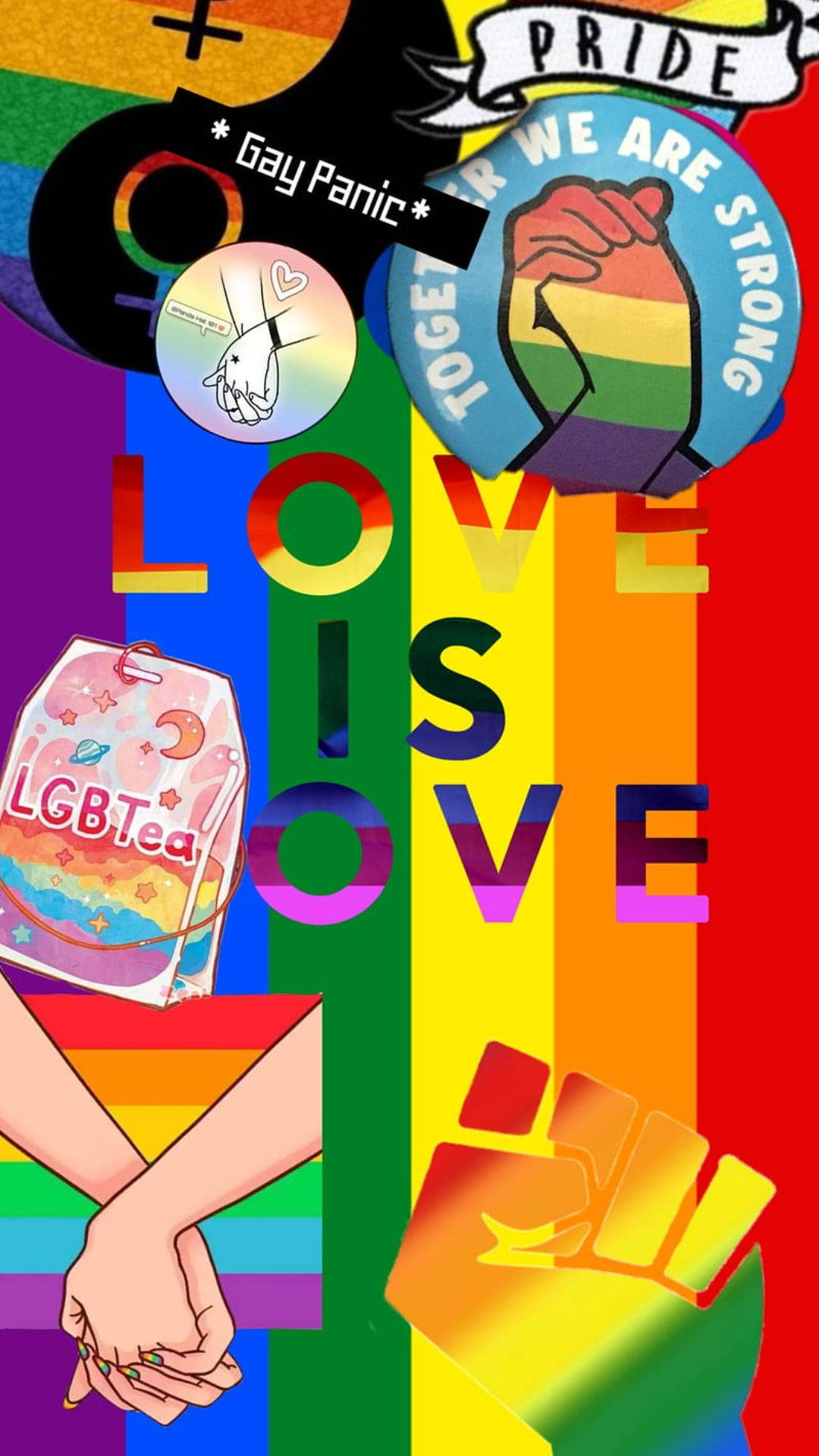 Cute Pride 桌布 壁紙 — 充滿活力的彩虹主題圖形拼貼畫，以粗體文字、拳頭和緊握的雙手慶祝 LGBTQ+ 驕傲。