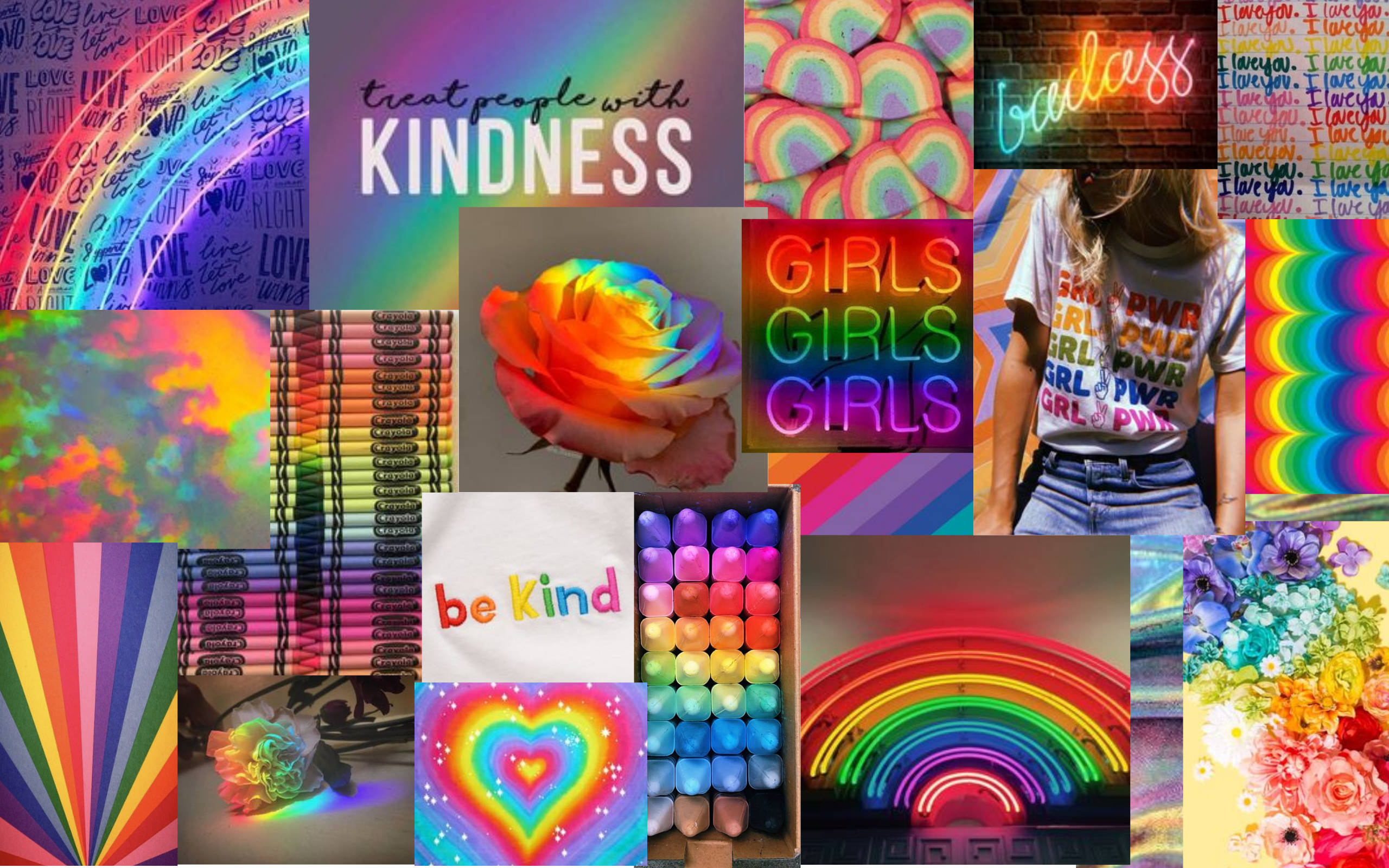 LGBT 桌布 壁紙 — 充滿活力的彩虹主題拼貼，包含霓虹燈、玫瑰、蠟筆和以大膽多彩設計呈現的勵志文字。