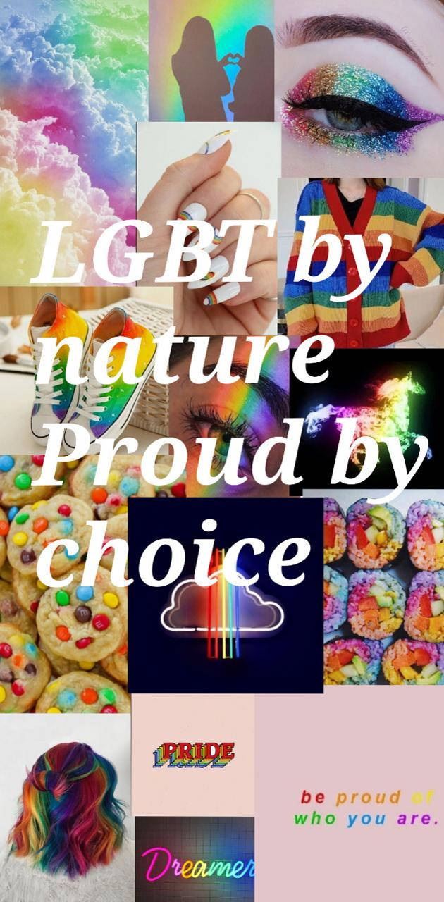 桌布 壁紙 — 充滿活力的彩虹主題拼貼畫，慶祝 LGBTQ+ 驕傲，包括閃亮的眼睛、餅乾、鞋子和肯定文字。