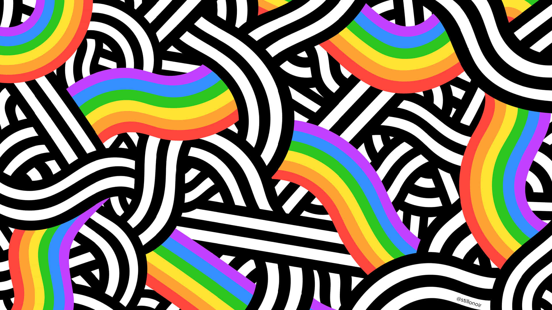 Aesthetic Lgbt Rainbow 桌布 壁紙 — 充滿活力的彩虹弧線穿過大膽的黑白波浪線，形成動態的抽象圖案。