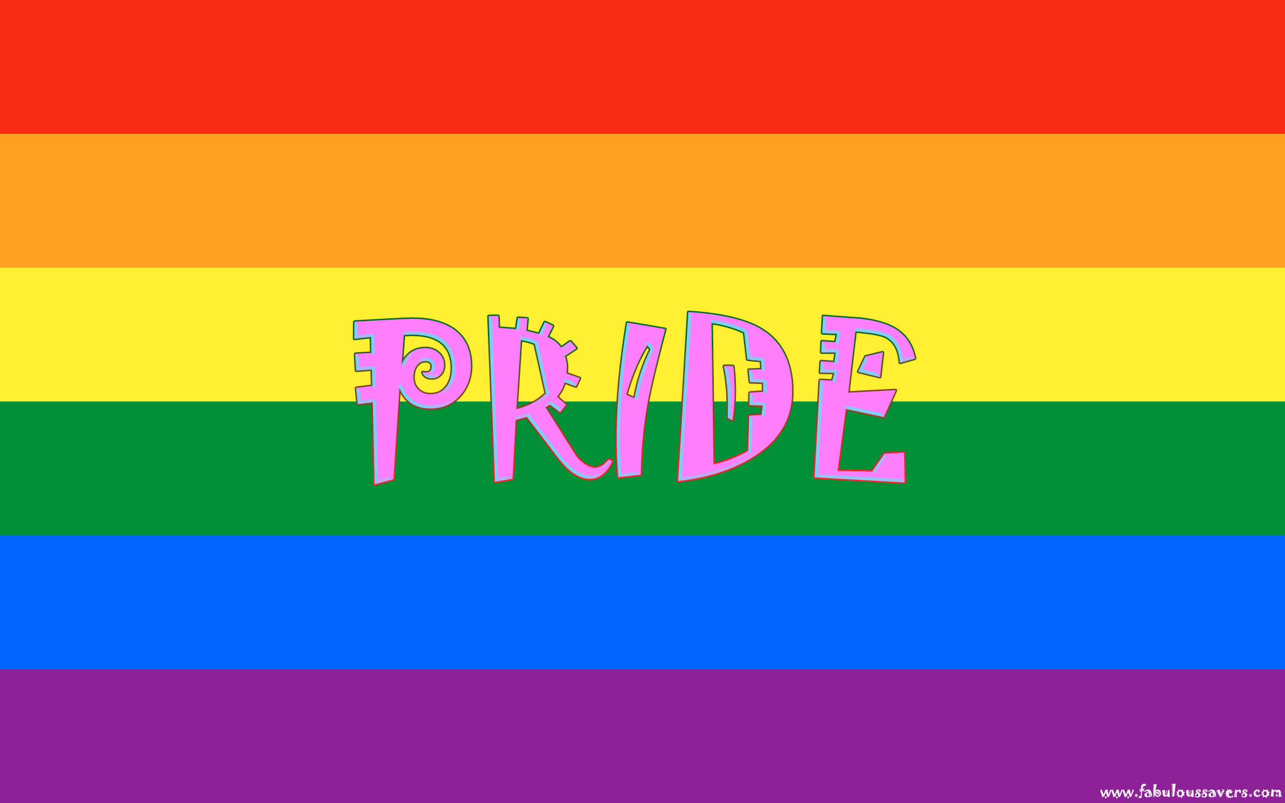 Colorful Aesthetic 桌布 壁紙 — 充滿活力的彩虹旗，中央有粗體粉紅色「PRIDE」文字，橫跨色彩繽紛的水平條紋。