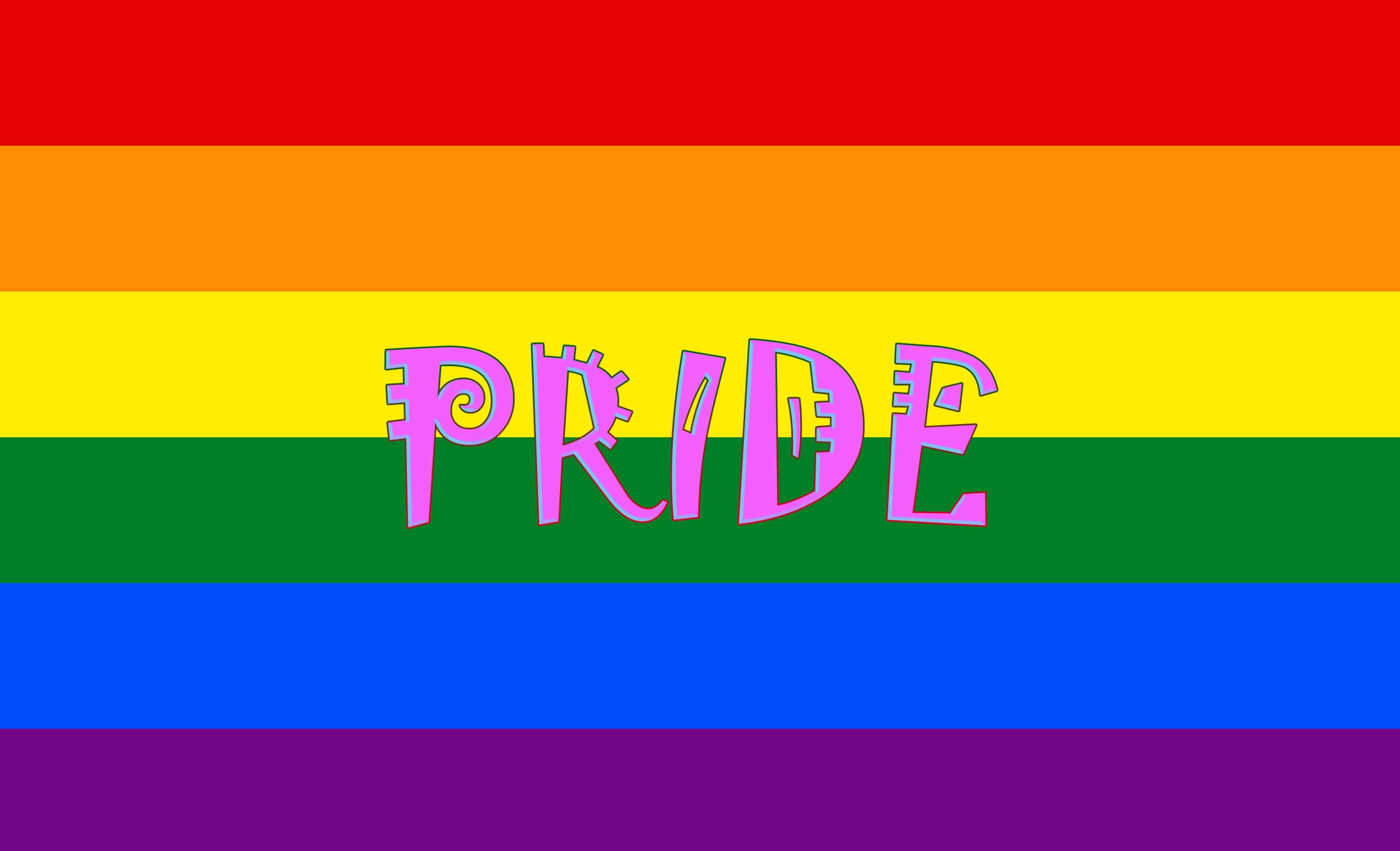 驕傲 桌布 壁紙 — 充滿活力的彩虹旗，橫條中央有粗體粉紅色「PRIDE」文字。