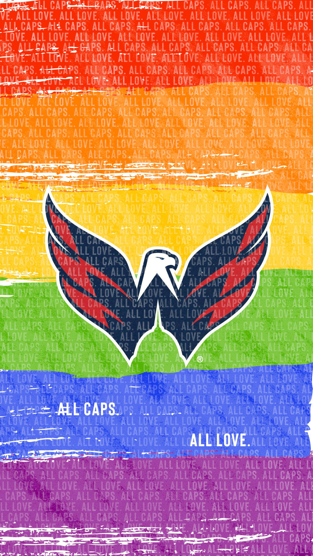 Washington Capitals 桌布 壁紙 — 充滿活力的彩虹旗壁紙，帶有風格化的鷹標誌和重複的文字疊加，呈現磨損紋理。