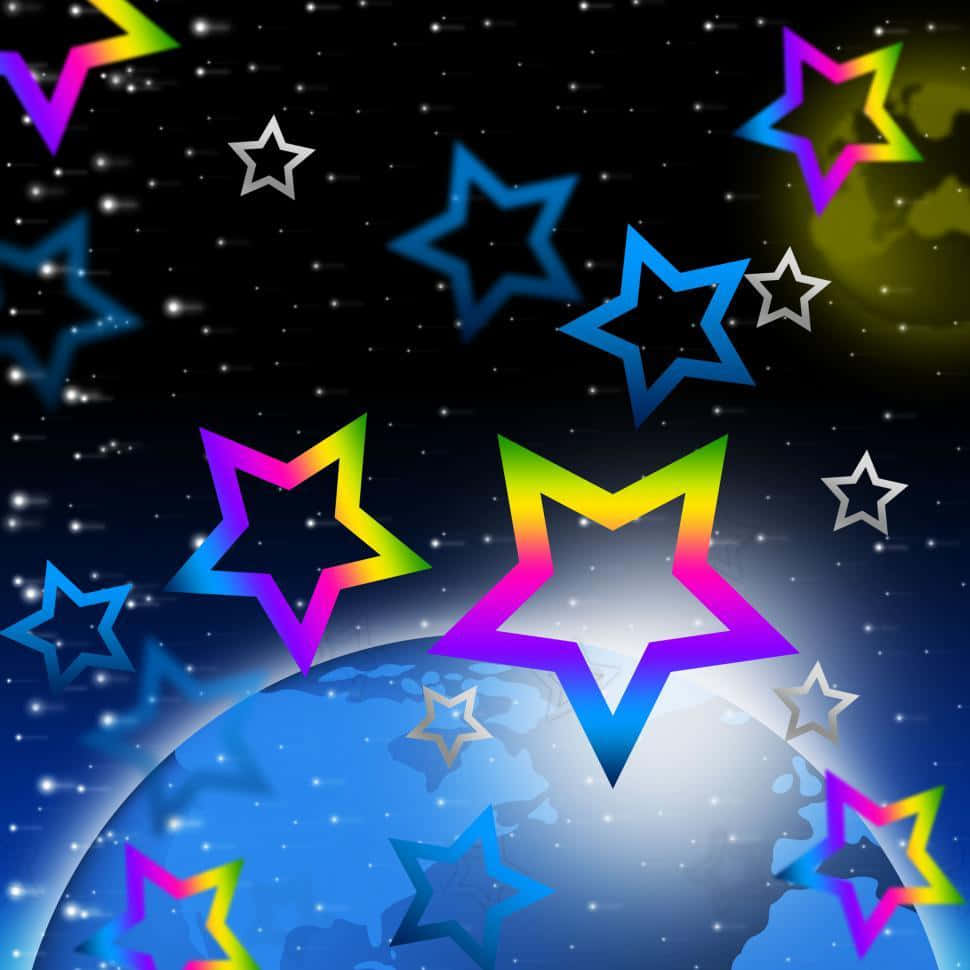太陽系 桌布 壁紙 — 充滿活力的彩虹星星漂浮在一顆藍色行星之上，背景是繁星點點的夜空，帶有發光的宇宙粒子。