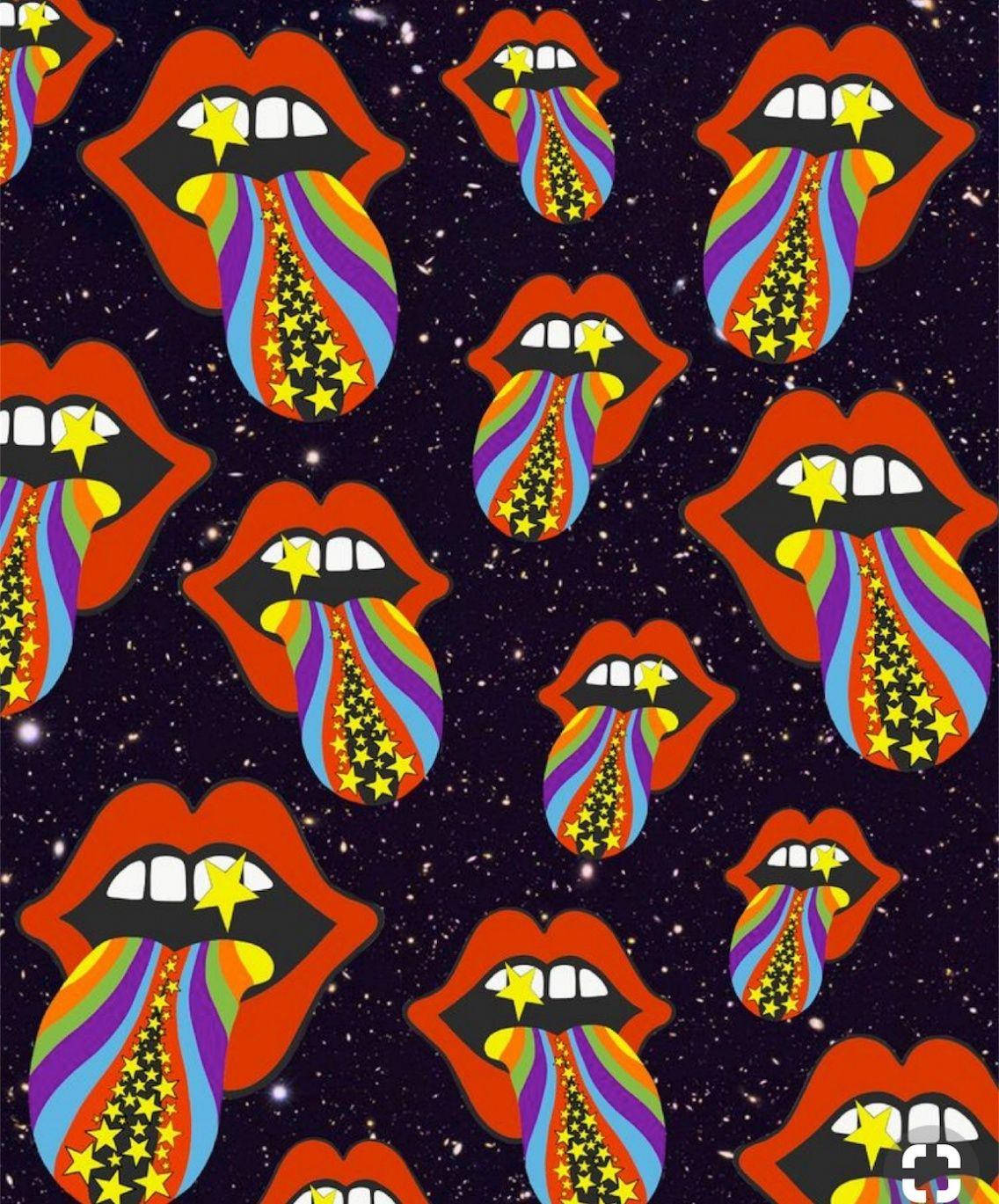 Aesthetic Trippy 桌布 壁紙 — 充滿活力的彩虹星星舌頭從紅唇中射出，映襯著星光燦爛的宇宙夜空。