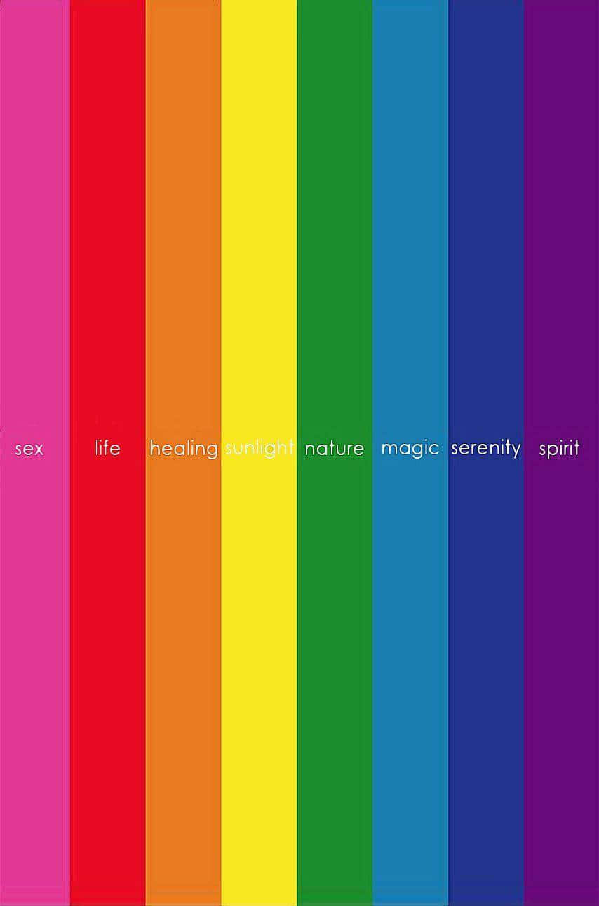 Pride Flag 桌布 壁紙 — 充滿活力的彩虹條紋，帶有白色文字，如性、生活、療癒、陽光、自然、魔法、寧靜、精神。