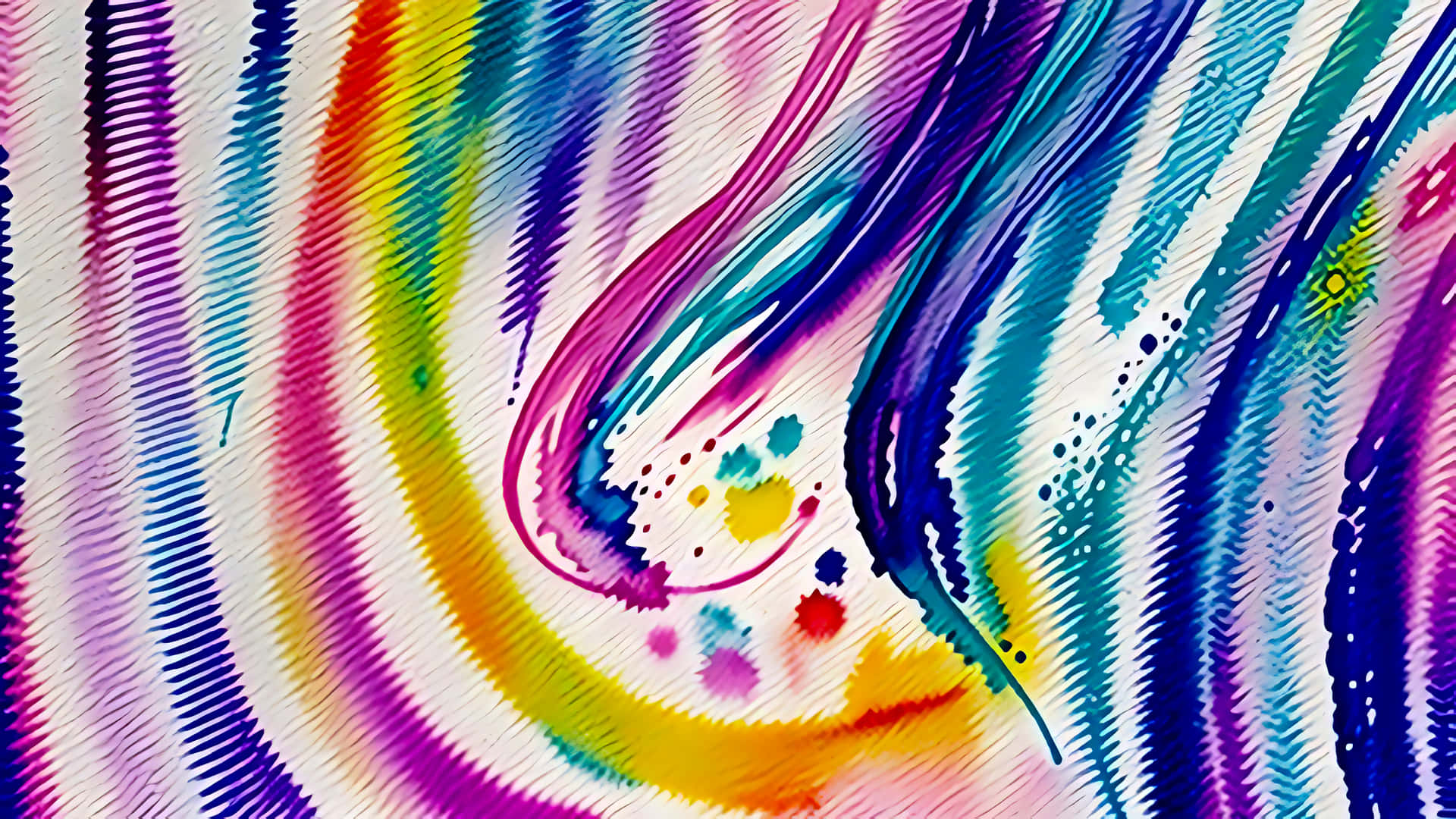Abstract watercolor painting with vibrant rainbow colors and flowing lines 壁紙 — 充滿活力的彩虹條紋在白色畫布上動態旋轉，帶有紋理筆觸和彩色飛濺。